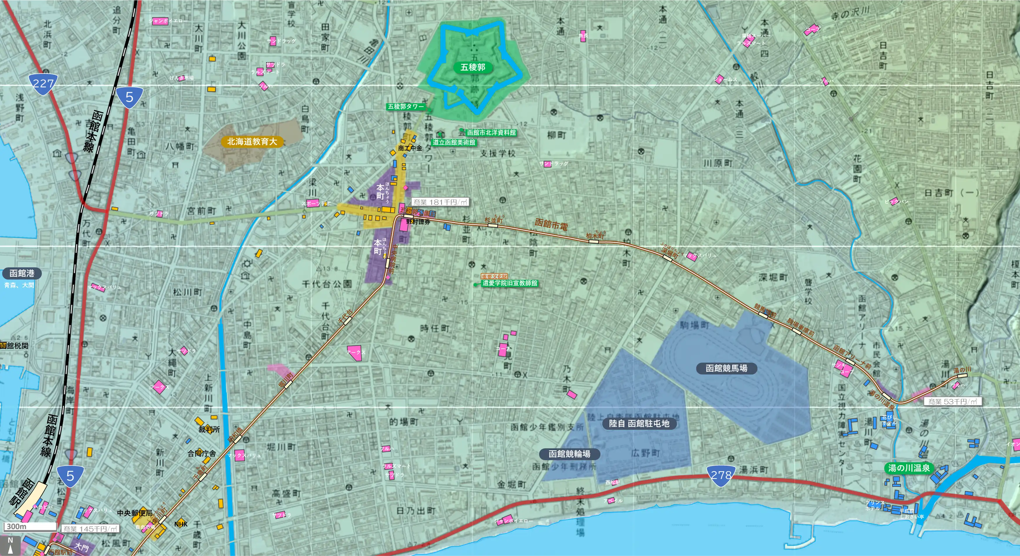 函館五稜郭地域のカタチ図 繁華街・ビジネス地区などを要約した地図