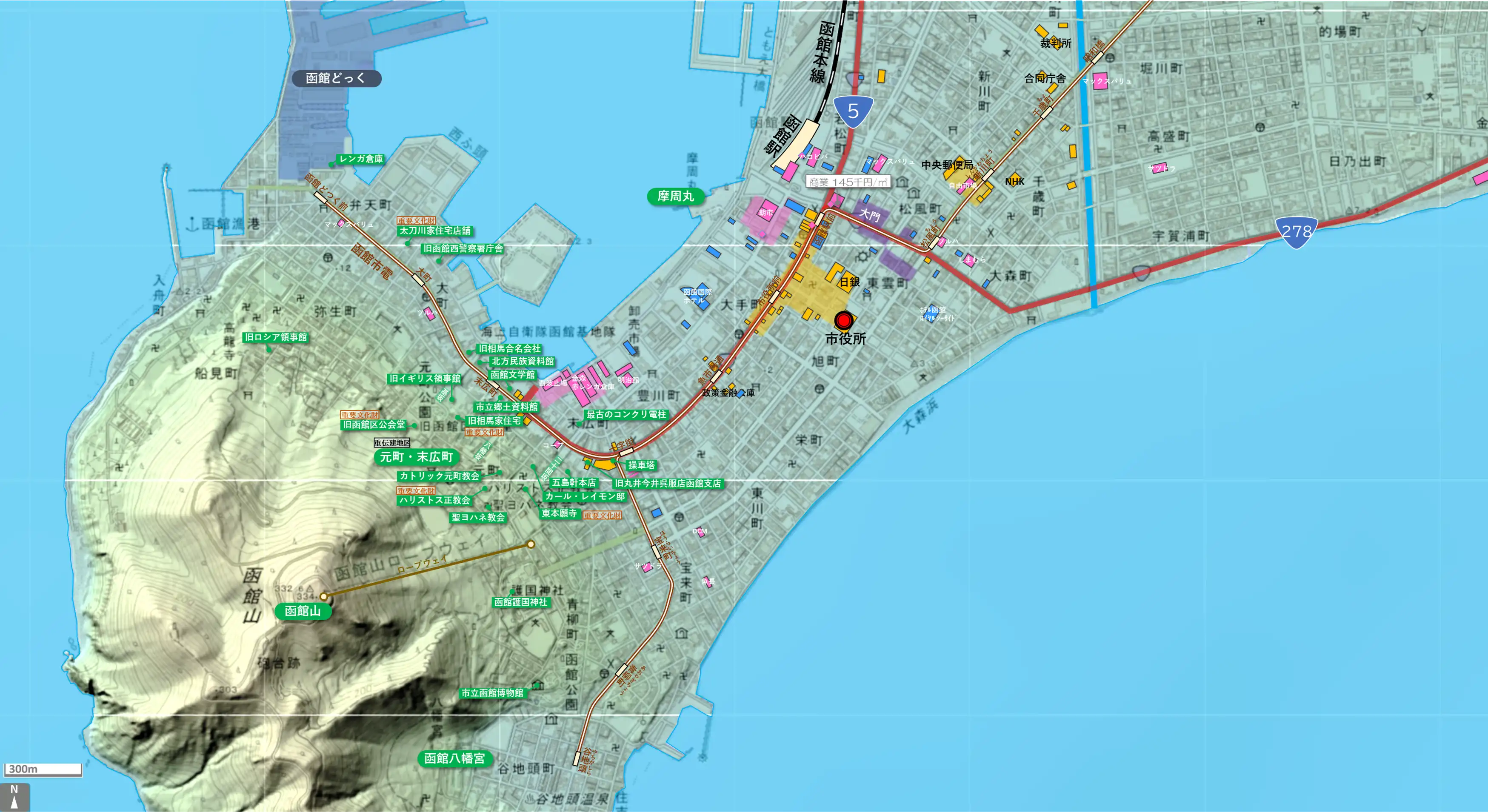 函館のカタチ図 繁華街・ビジネス地区などを要約した地図