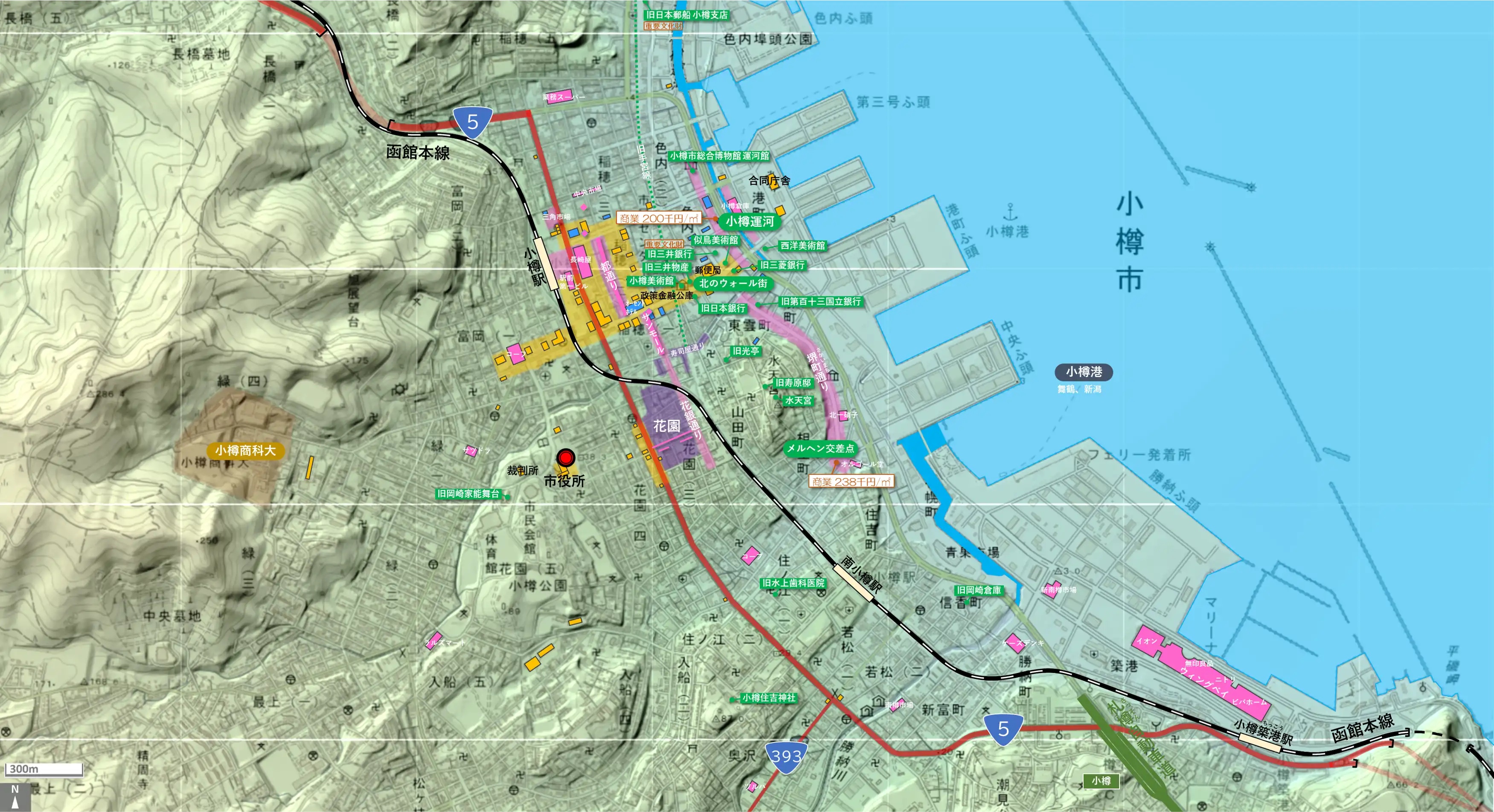 小樽のカタチ図 繁華街・ビジネス地区などを要約した地図