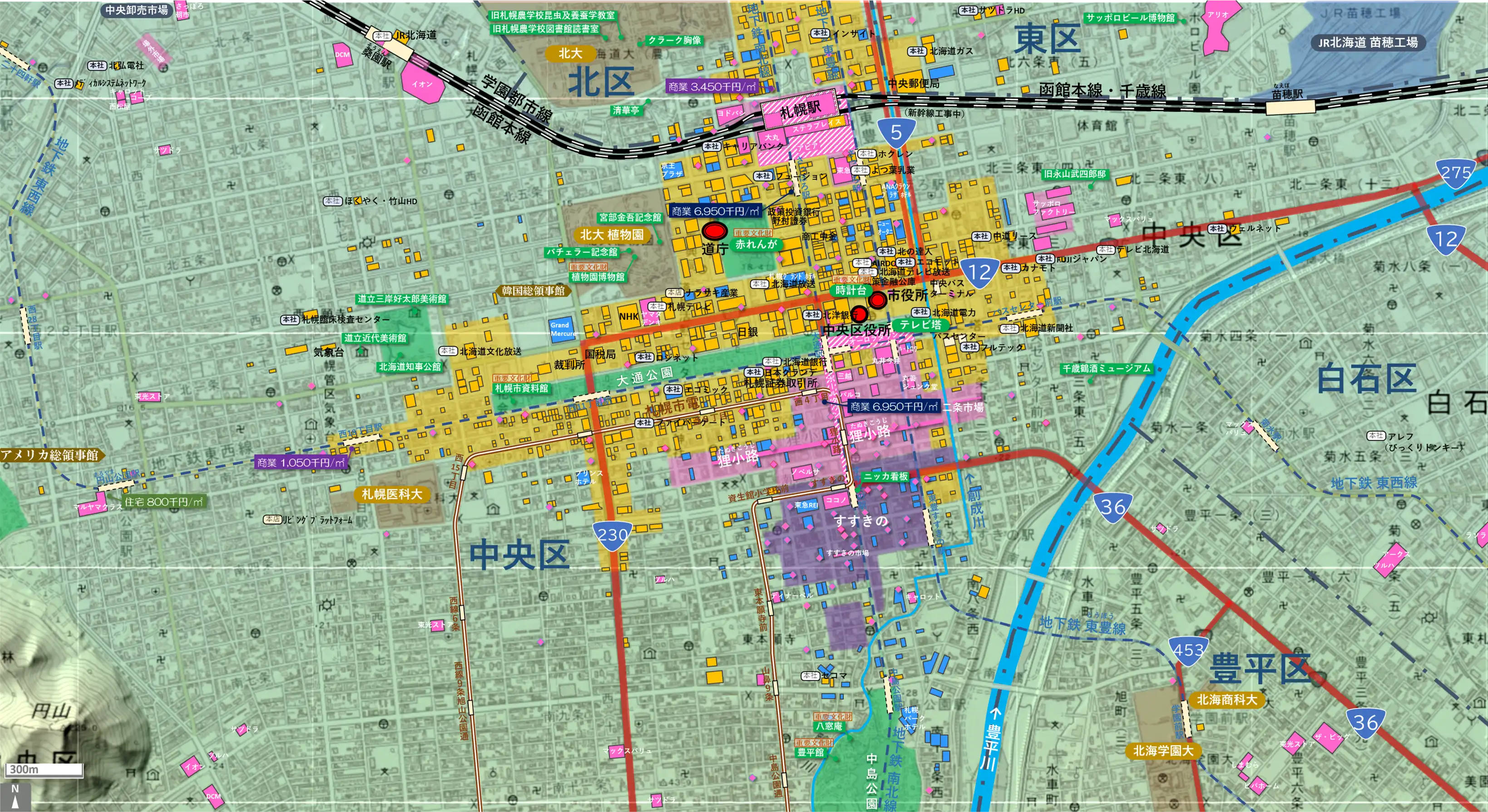 札幌中心部のカタチ図 繁華街・ビジネス地区などを要約した地図