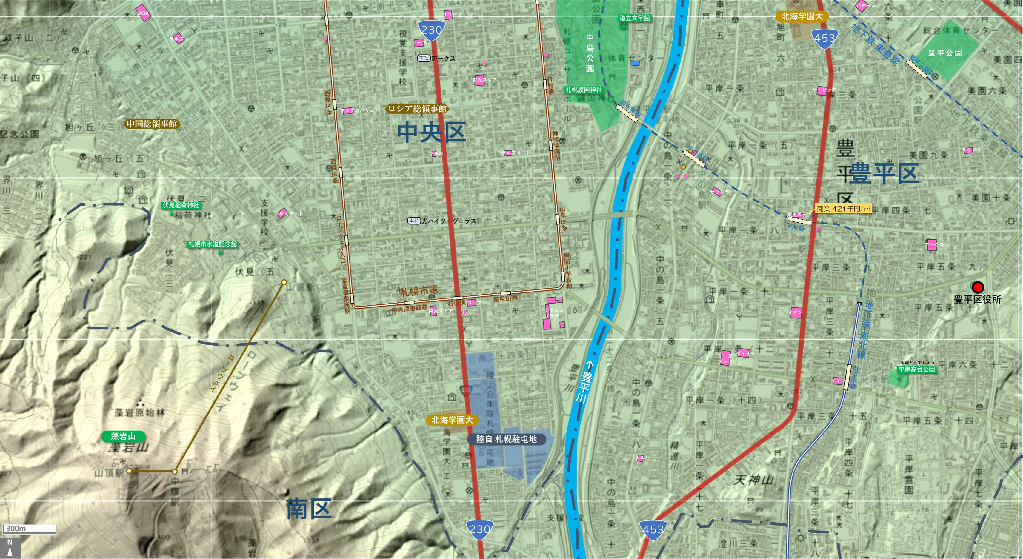 札幌平岸のカタチ図 繁華街・ビジネス地区などを要約した地図
