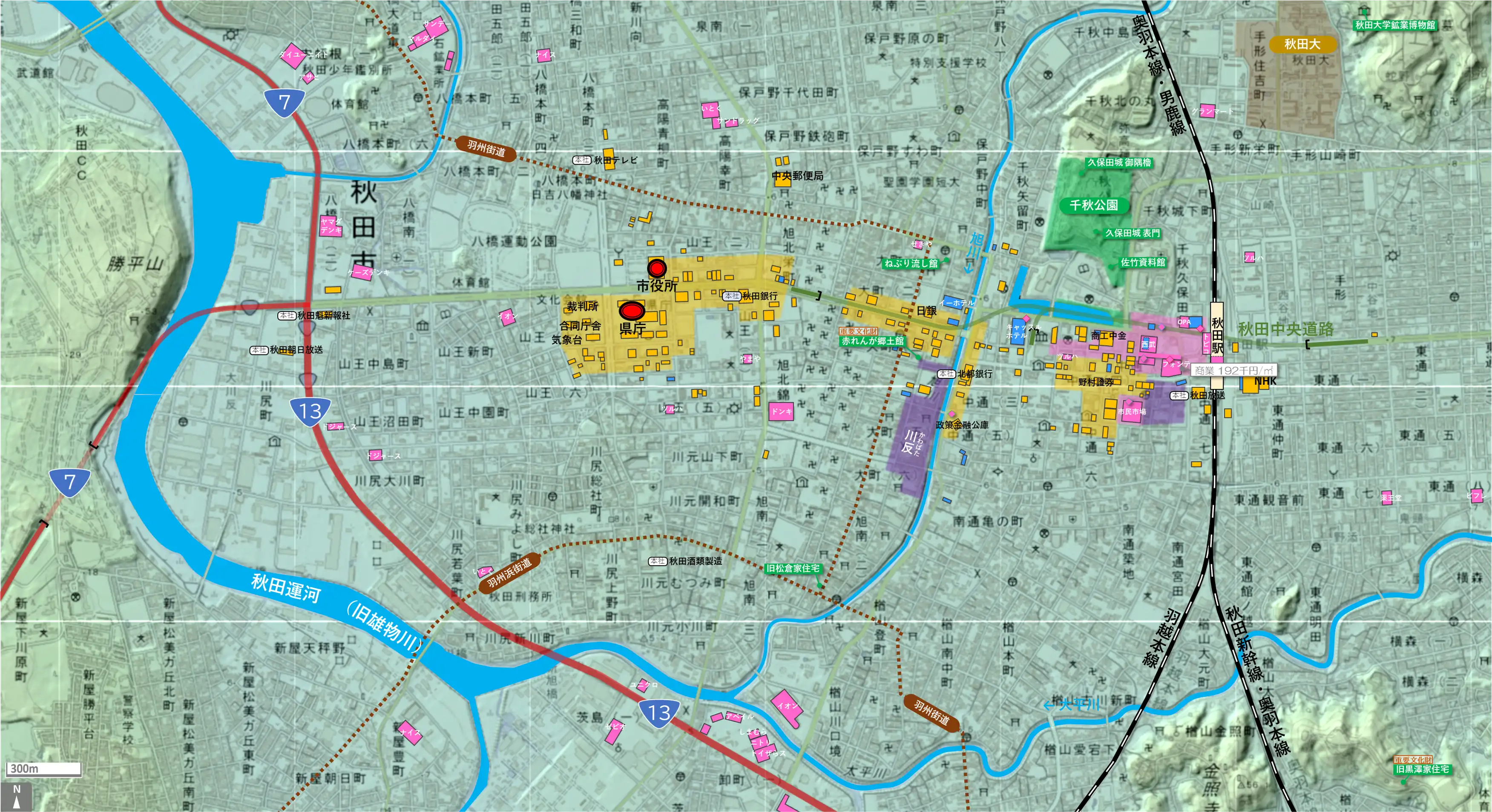 秋田のカタチ図 繁華街・ビジネス地区などを要約した地図