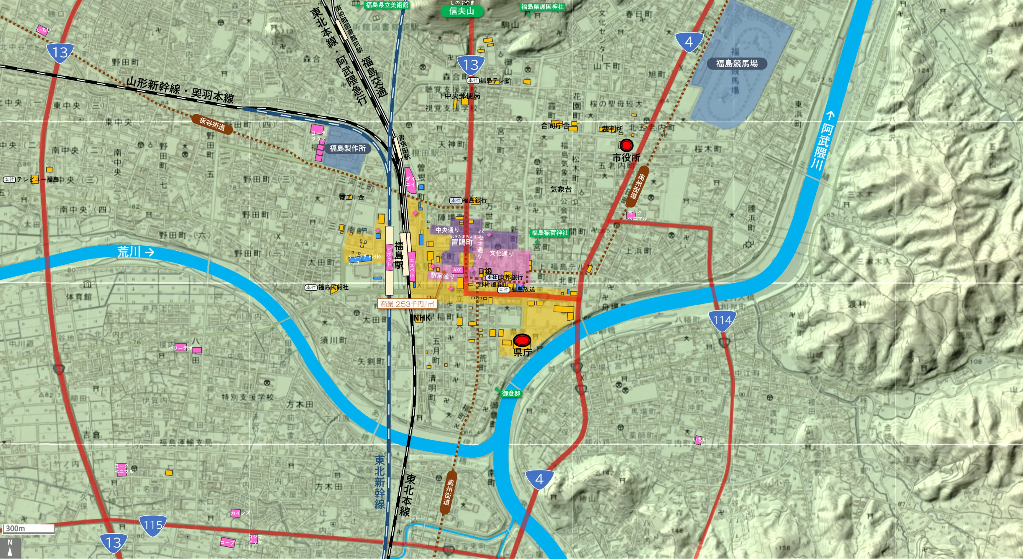 福島のカタチ図 繁華街・ビジネス地区などを要約した地図