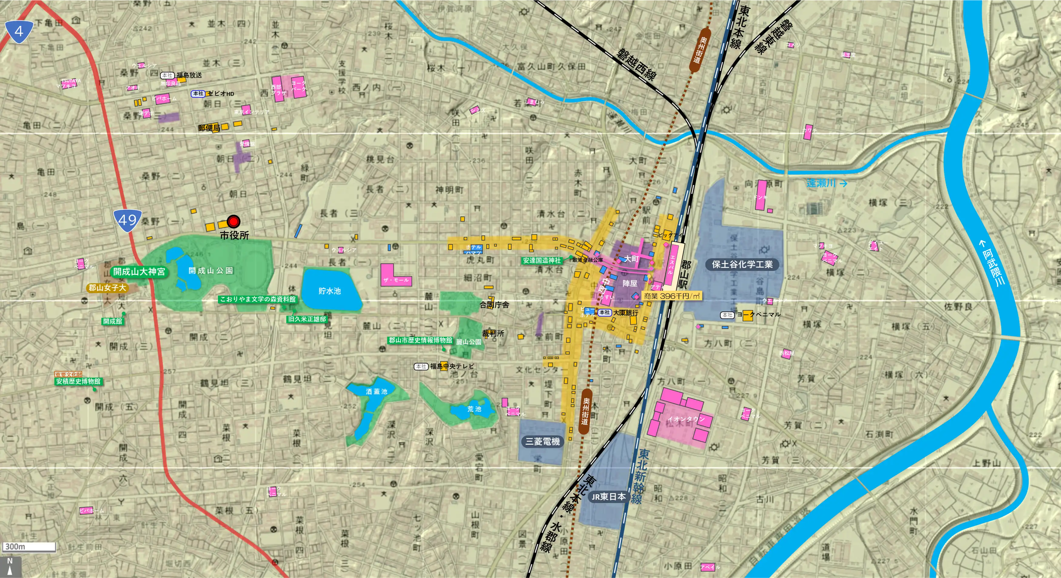 郡山のカタチ図 繁華街・ビジネス地区などを要約した地図
