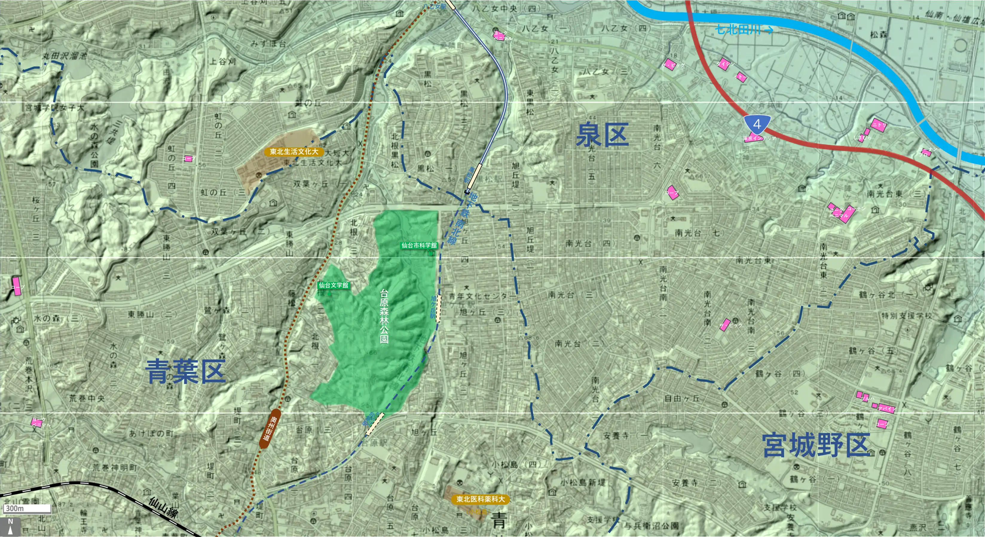 仙台旭ケ丘のカタチ図 繁華街・ビジネス地区などを要約した地図