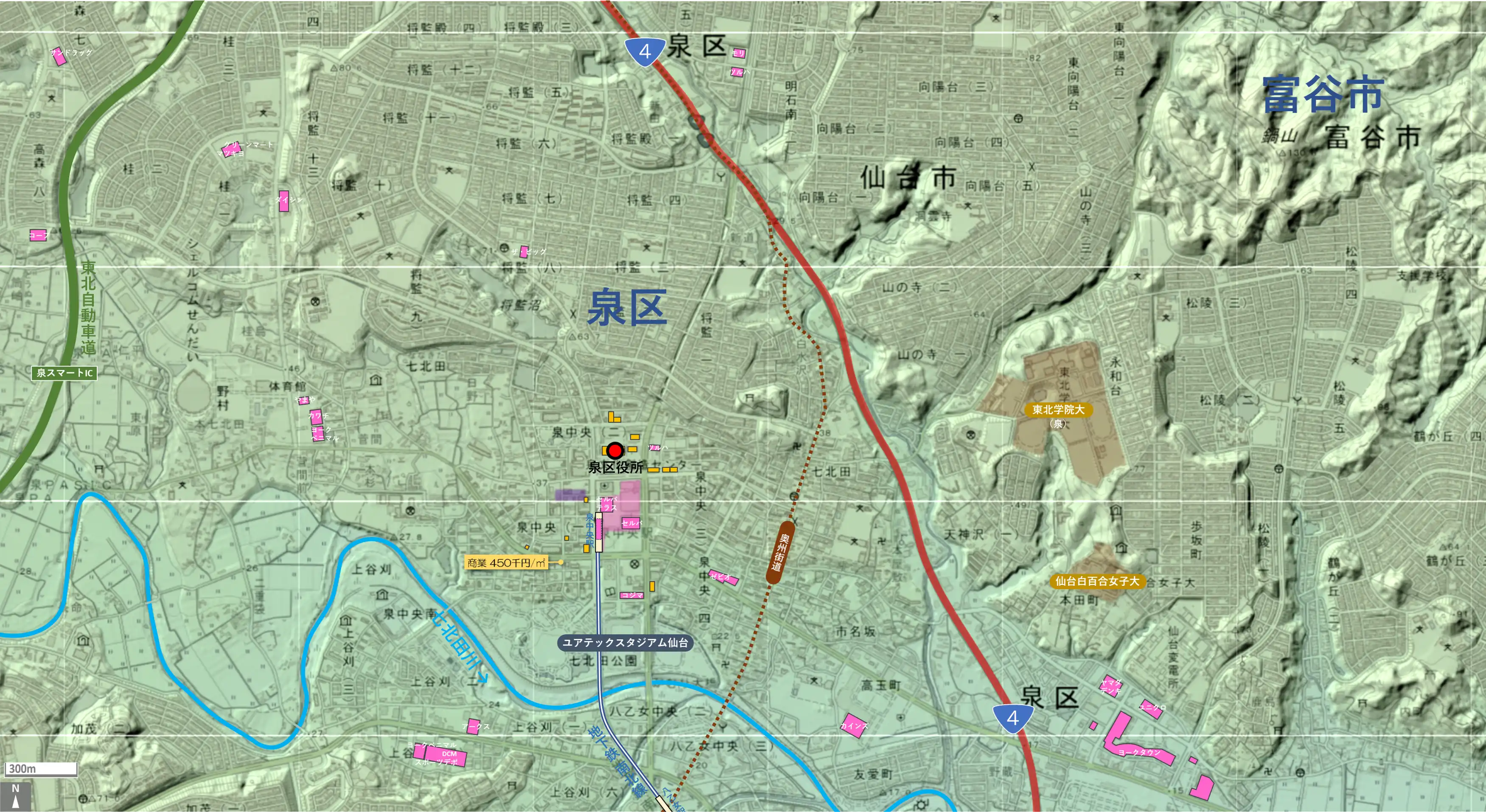 仙台泉のカタチ図 繁華街・ビジネス地区などを要約した地図