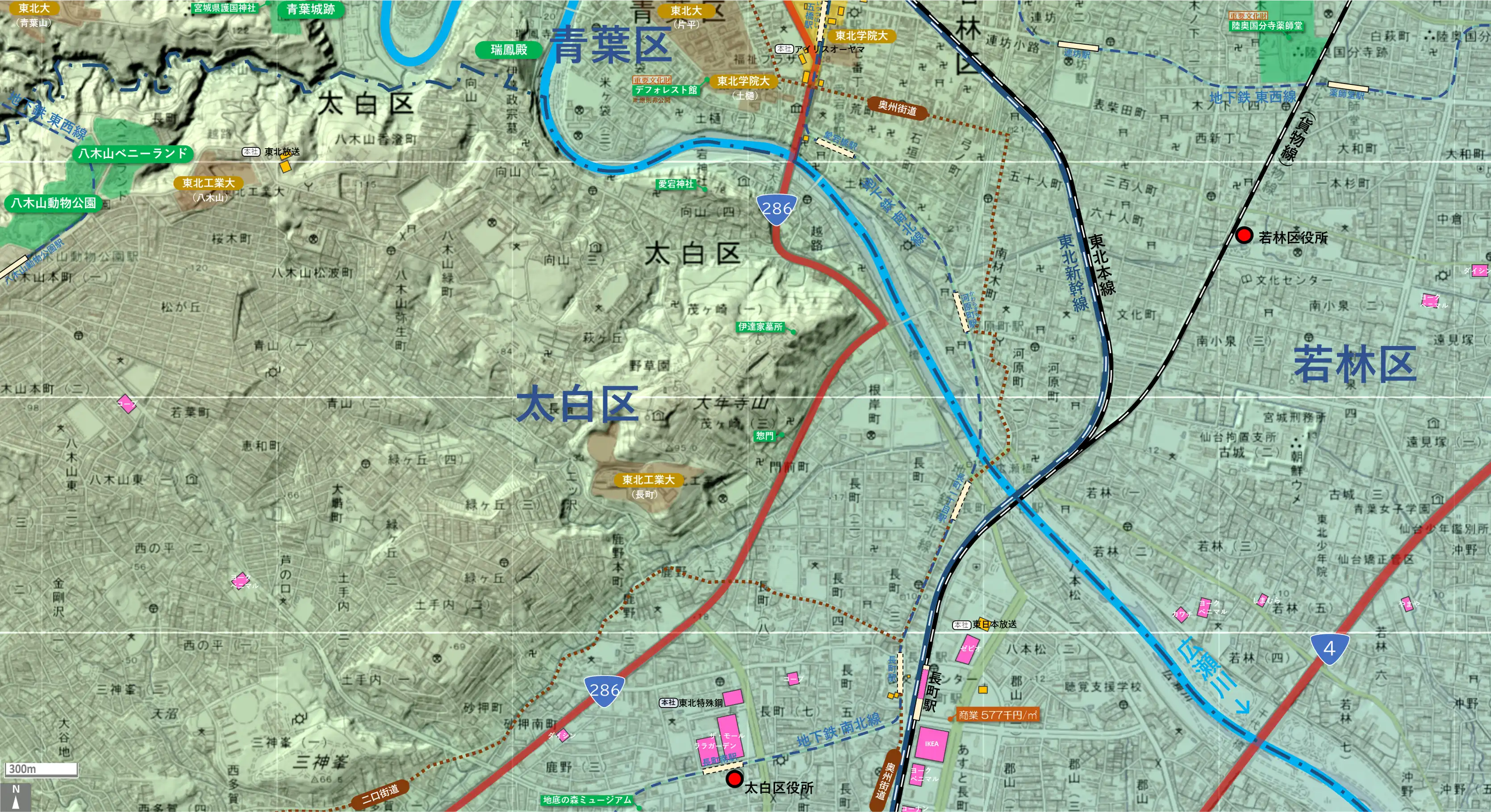 仙台長町のカタチ図 繁華街・ビジネス地区などを要約した地図