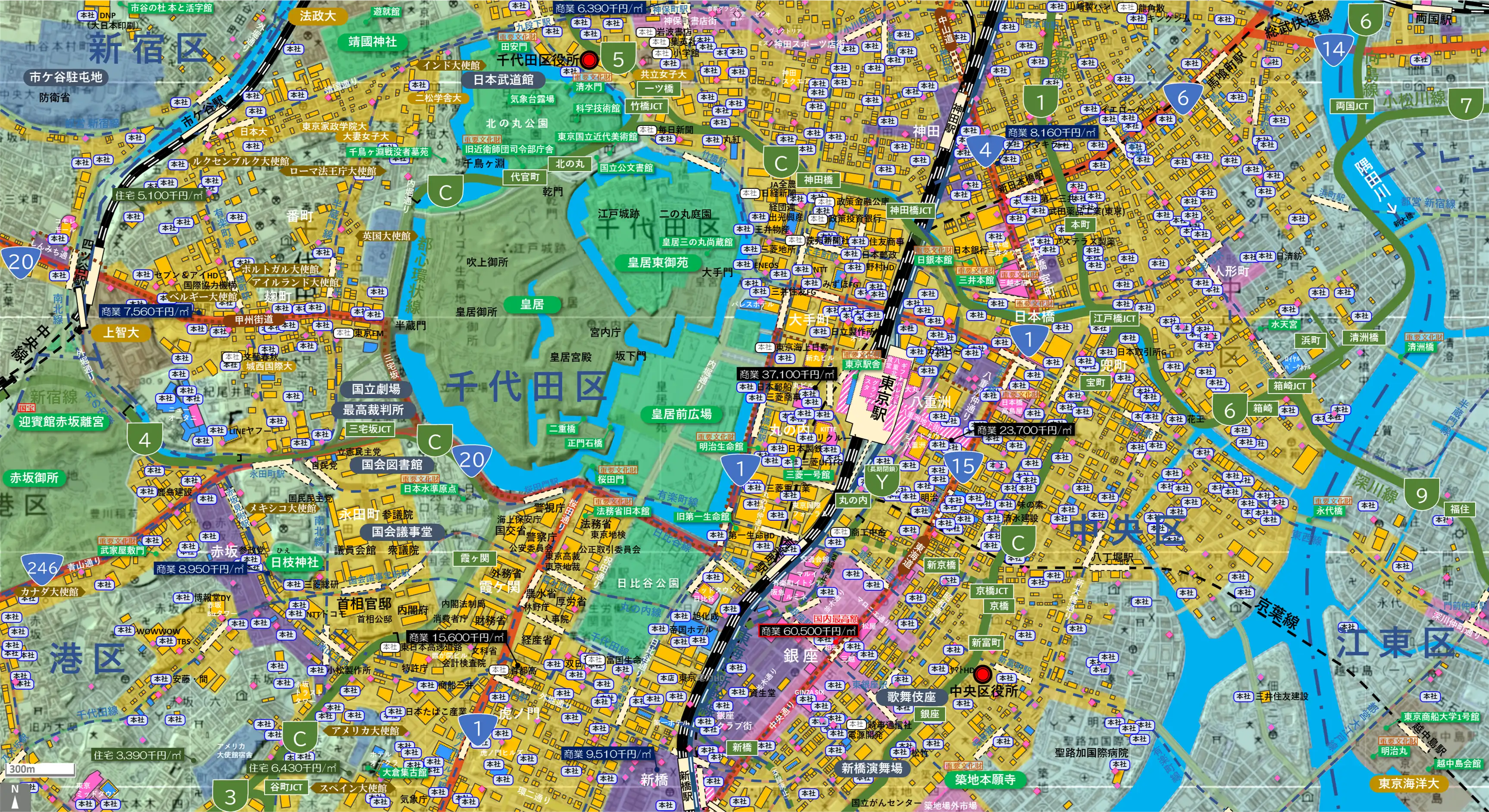 東京都心のカタチ図 繁華街・ビジネス地区などを要約した地図