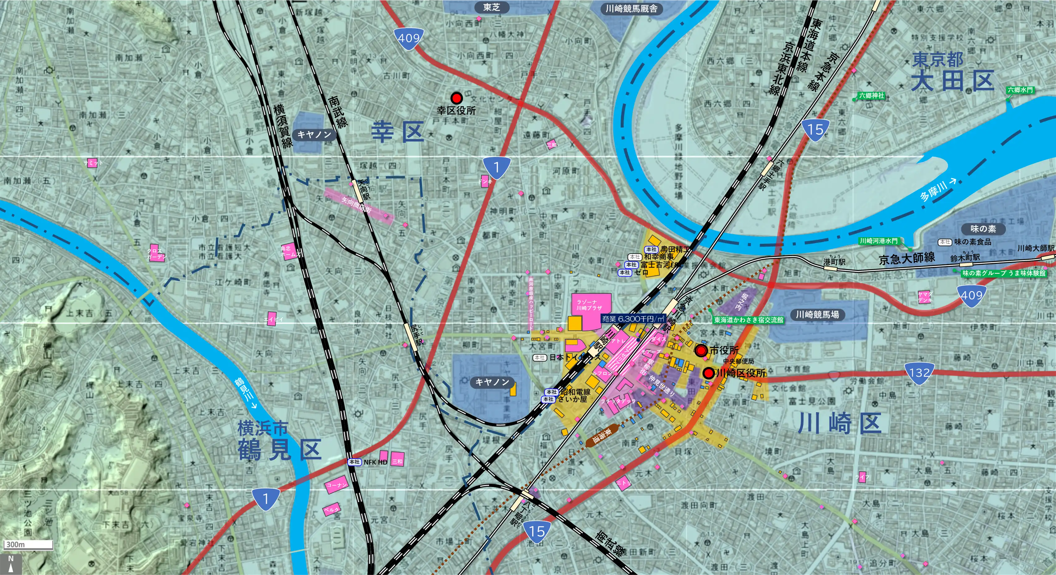 川崎中心部のカタチ図 繁華街・ビジネス地区などを要約した地図