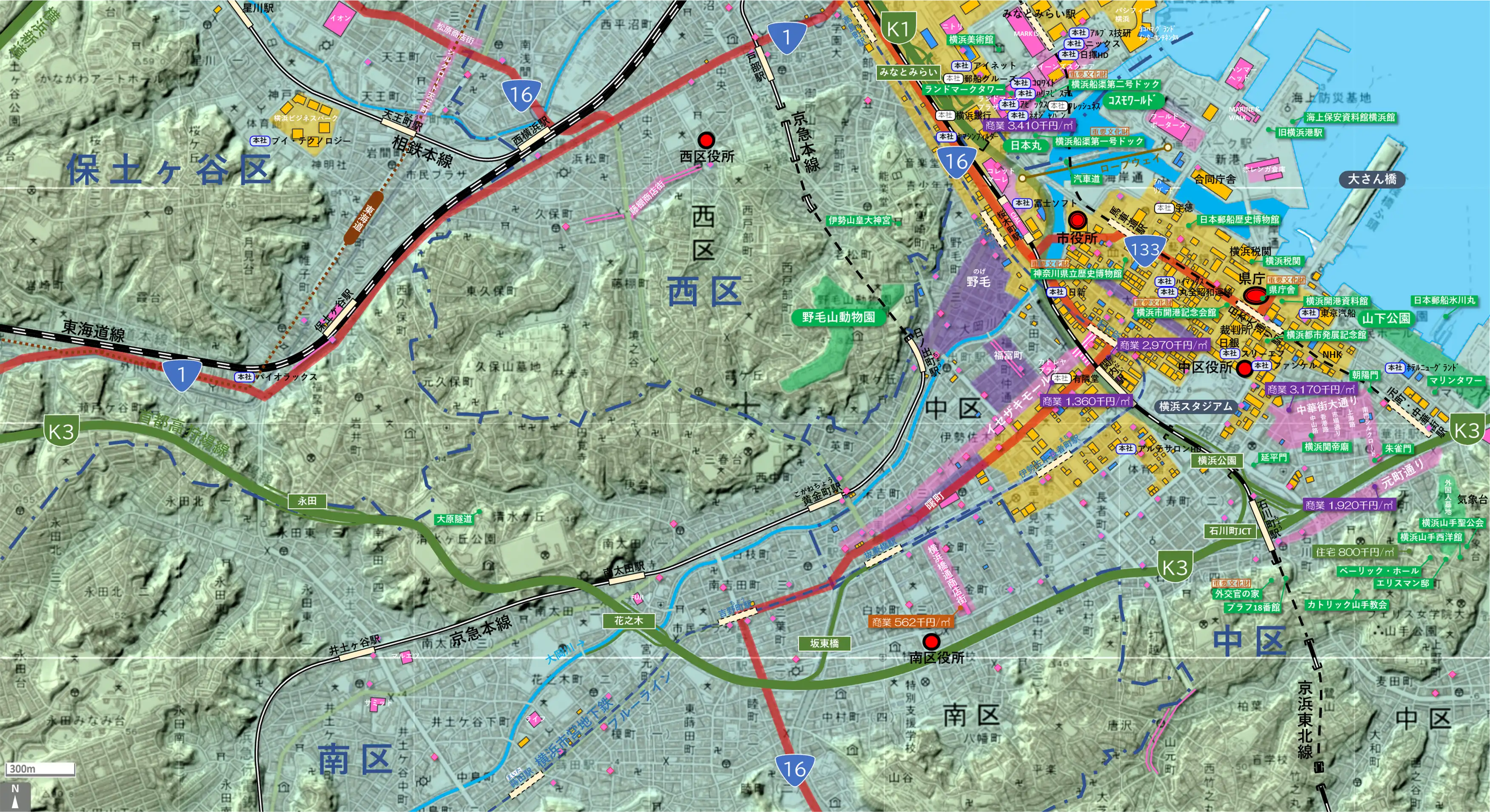 横浜関内元町のカタチ図 繁華街・ビジネス地区などを要約した地図