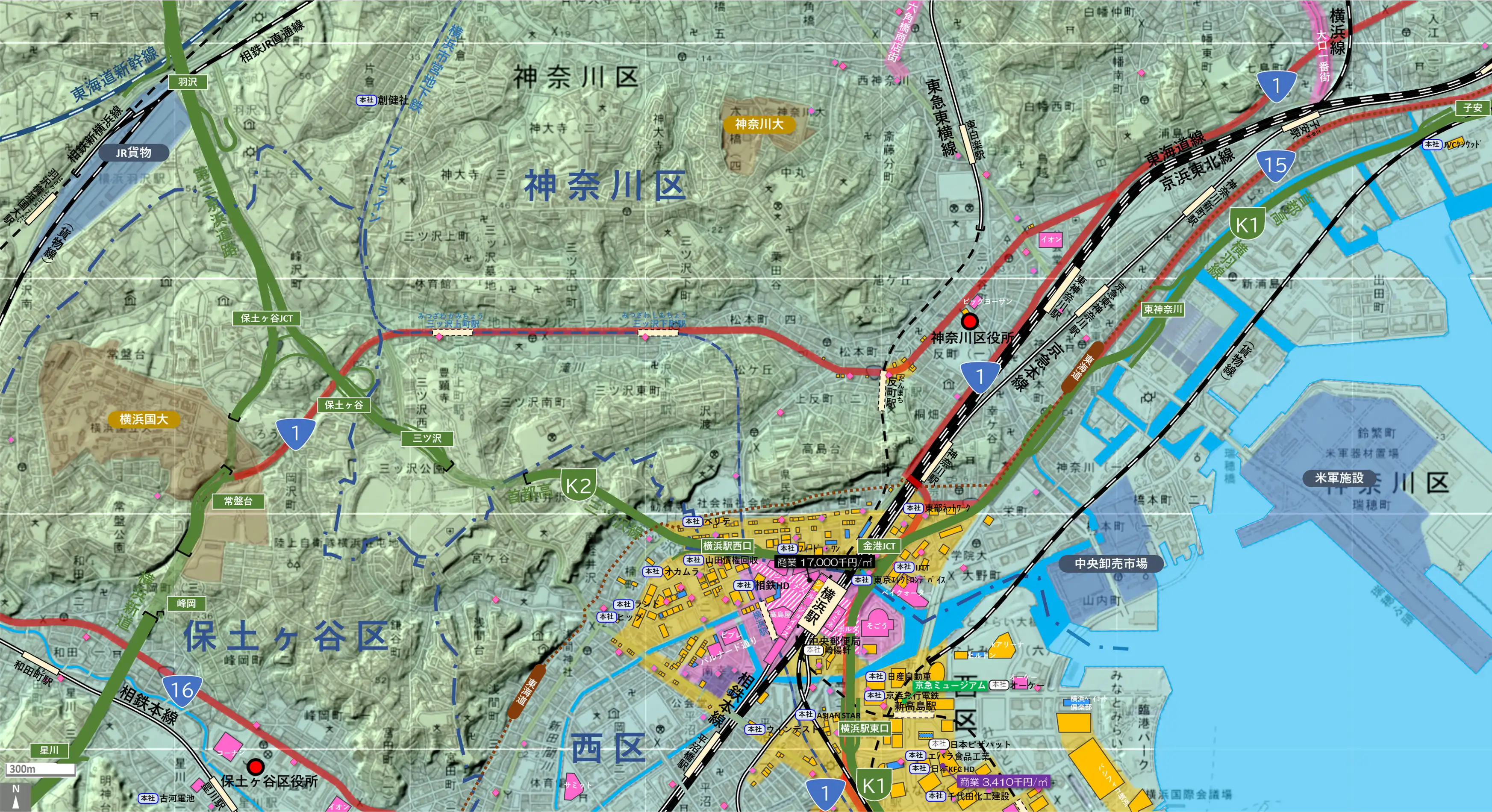 横浜駅周辺のカタチ図 繁華街・ビジネス地区などを要約した地図