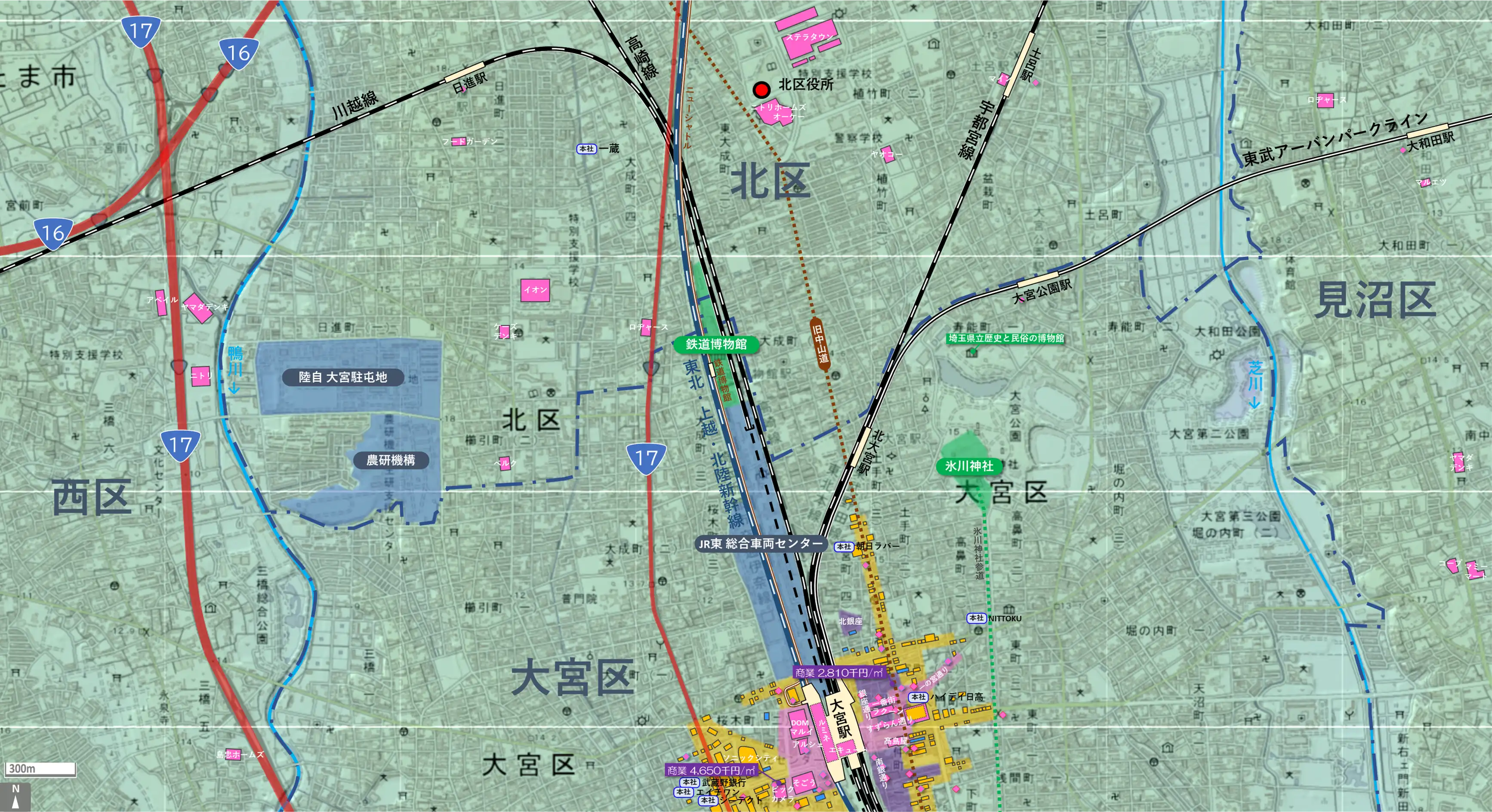 さいたま大宮のカタチ図 繁華街・ビジネス地区などを要約した地図