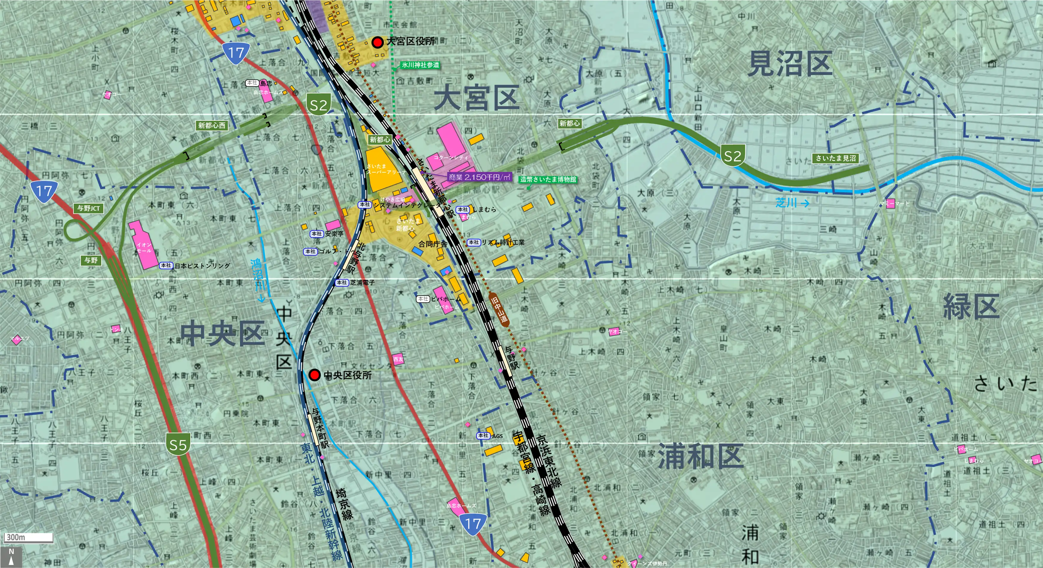 さいたま新都心のカタチ図 繁華街・ビジネス地区などを要約した地図