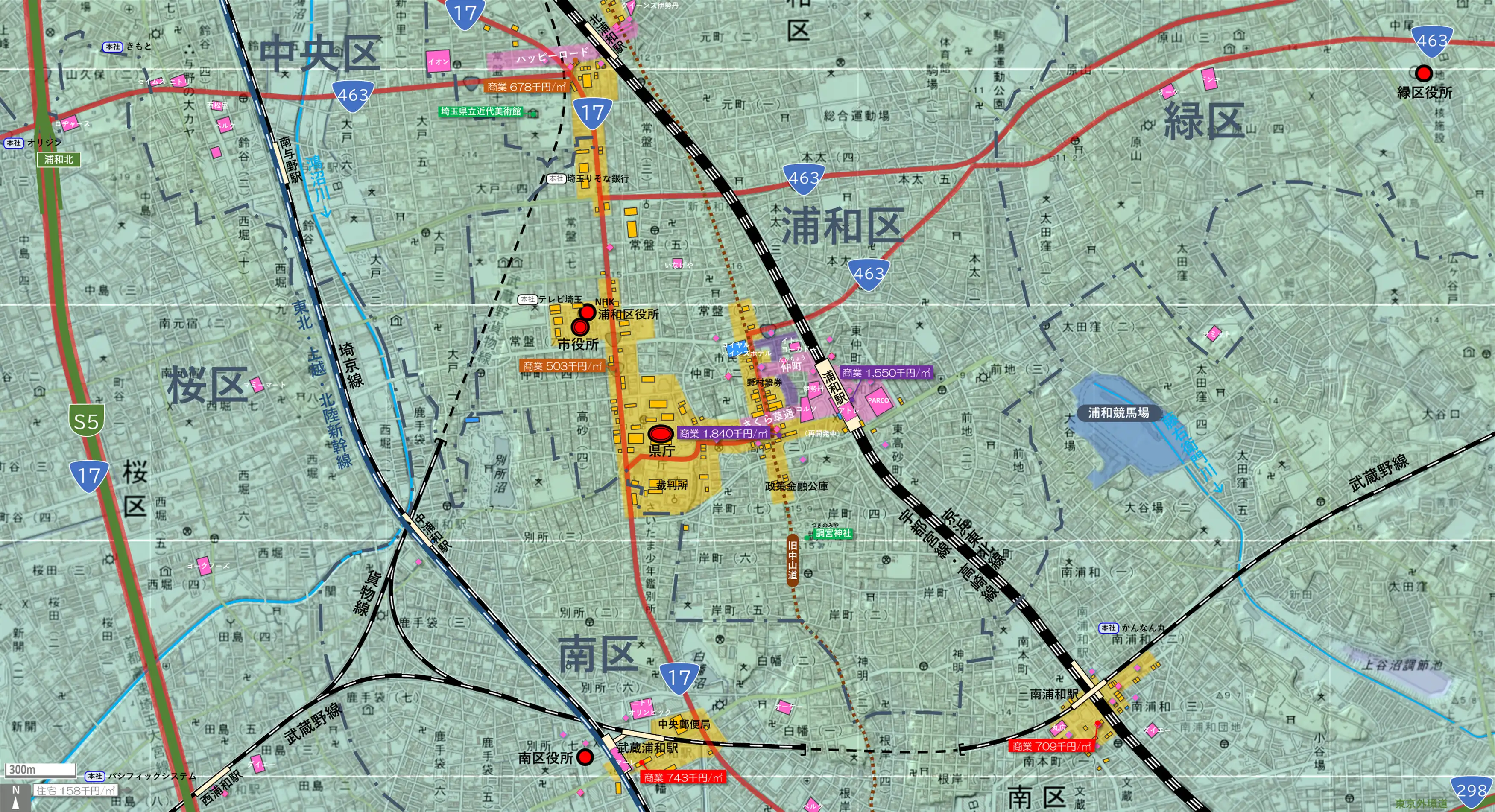 さいたま浦和のカタチ図 繁華街・ビジネス地区などを要約した地図