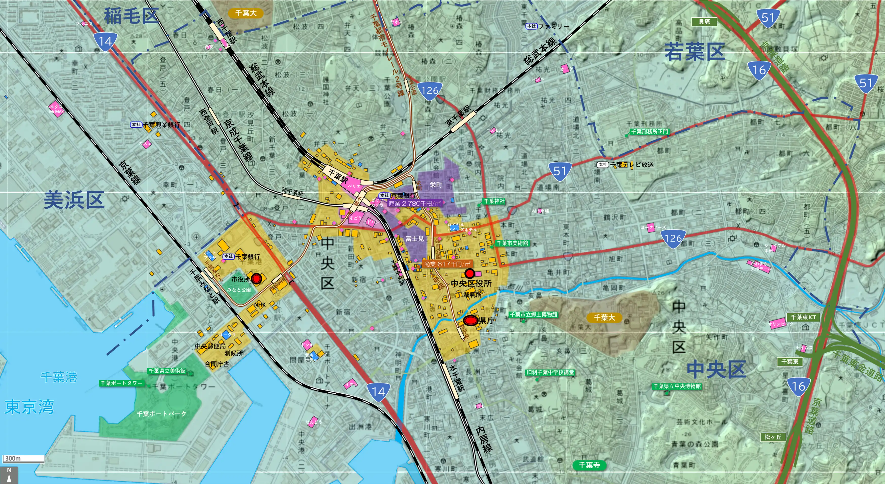 千葉中心部のカタチ図 繁華街・ビジネス地区などを要約した地図