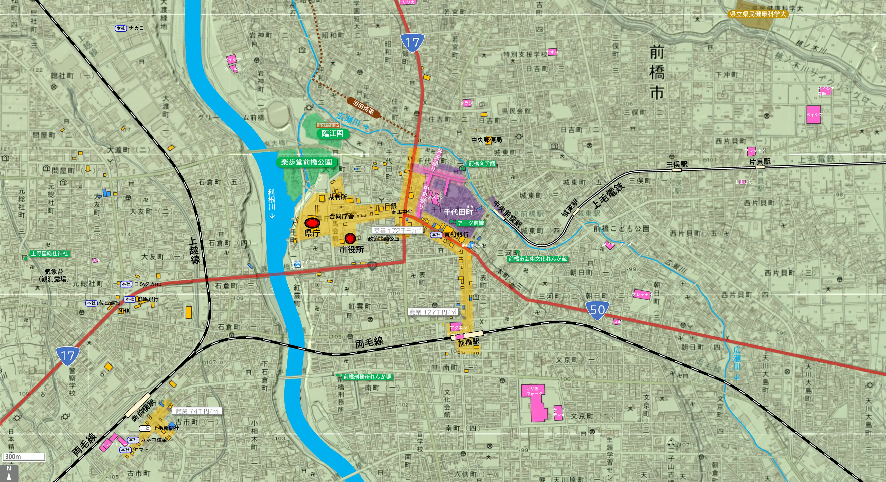前橋のカタチ図 繁華街・ビジネス地区などを要約した地図