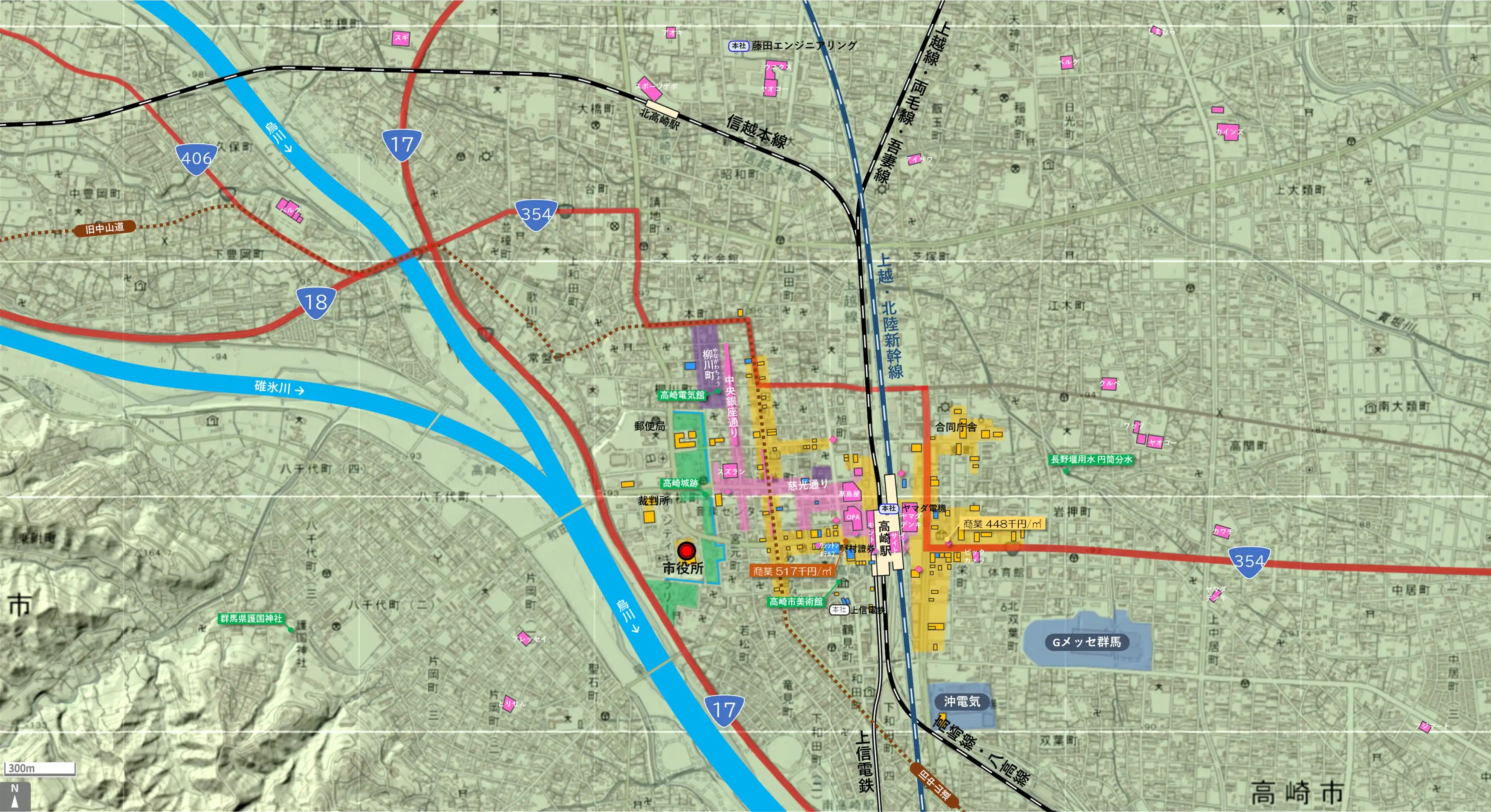 高崎のカタチ図 繁華街・ビジネス地区などを要約した地図