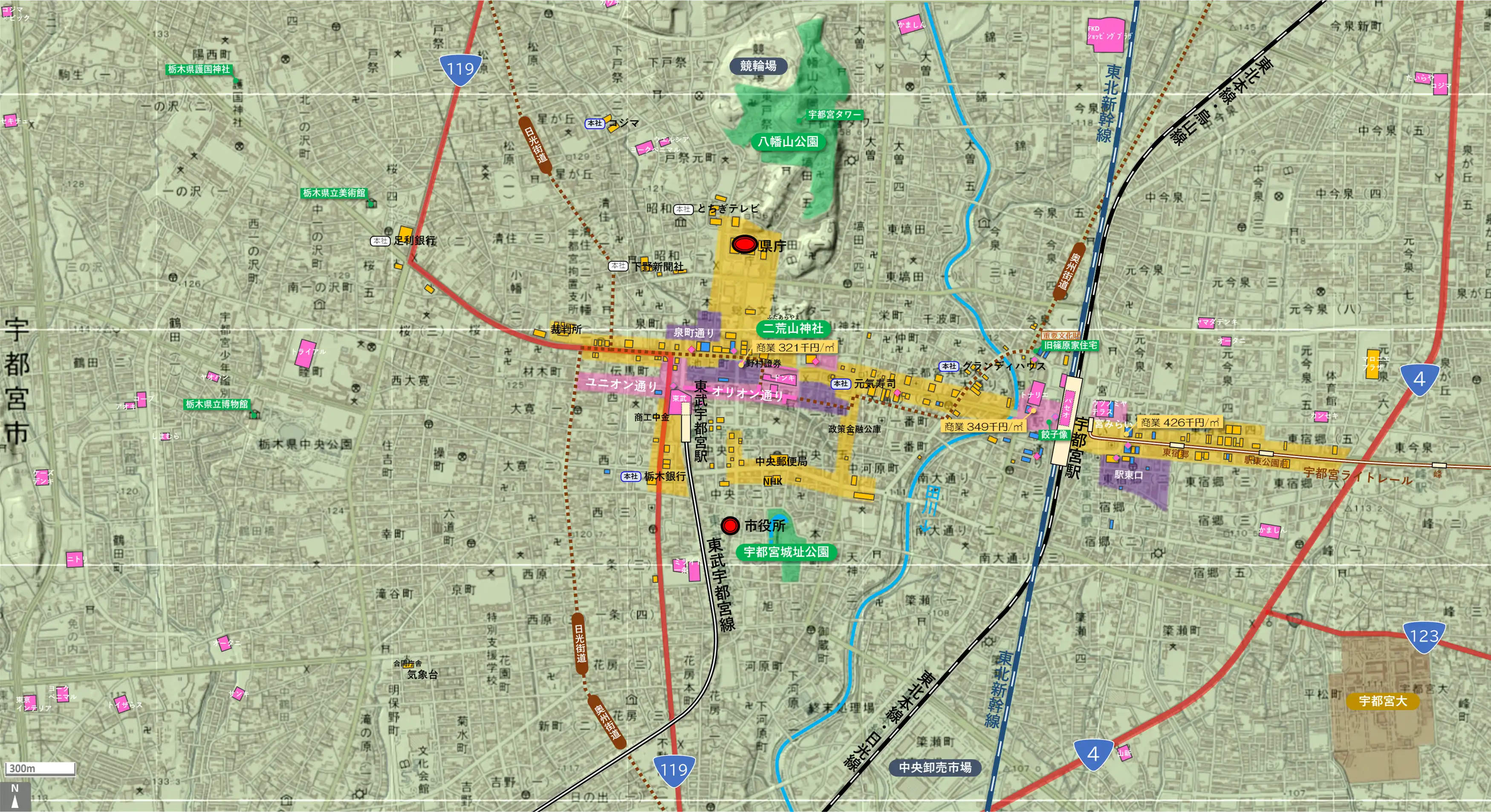 宇都宮のカタチ図 繁華街・ビジネス地区などを要約した地図