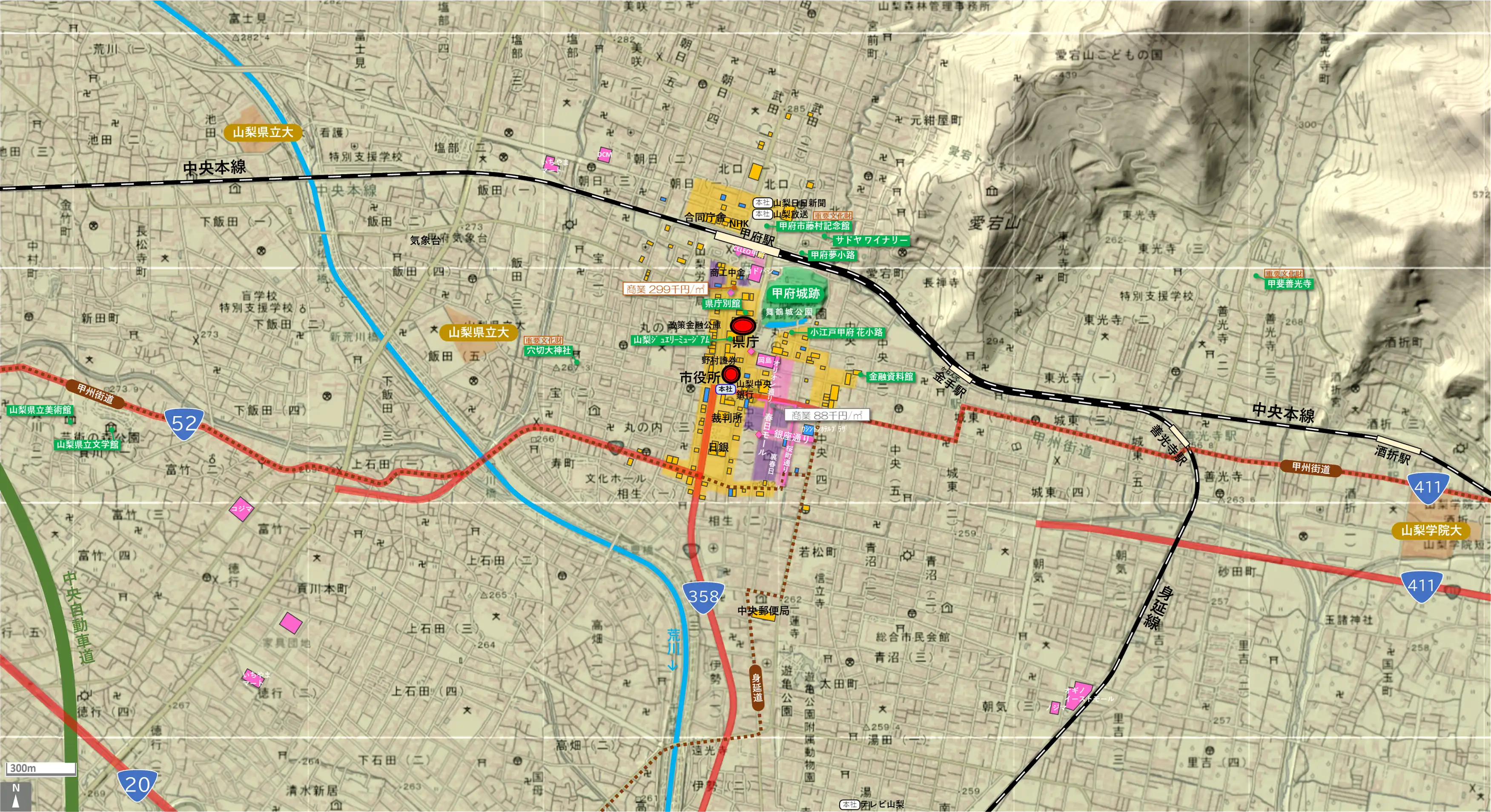 甲府のカタチ図 繁華街・ビジネス地区などを要約した地図