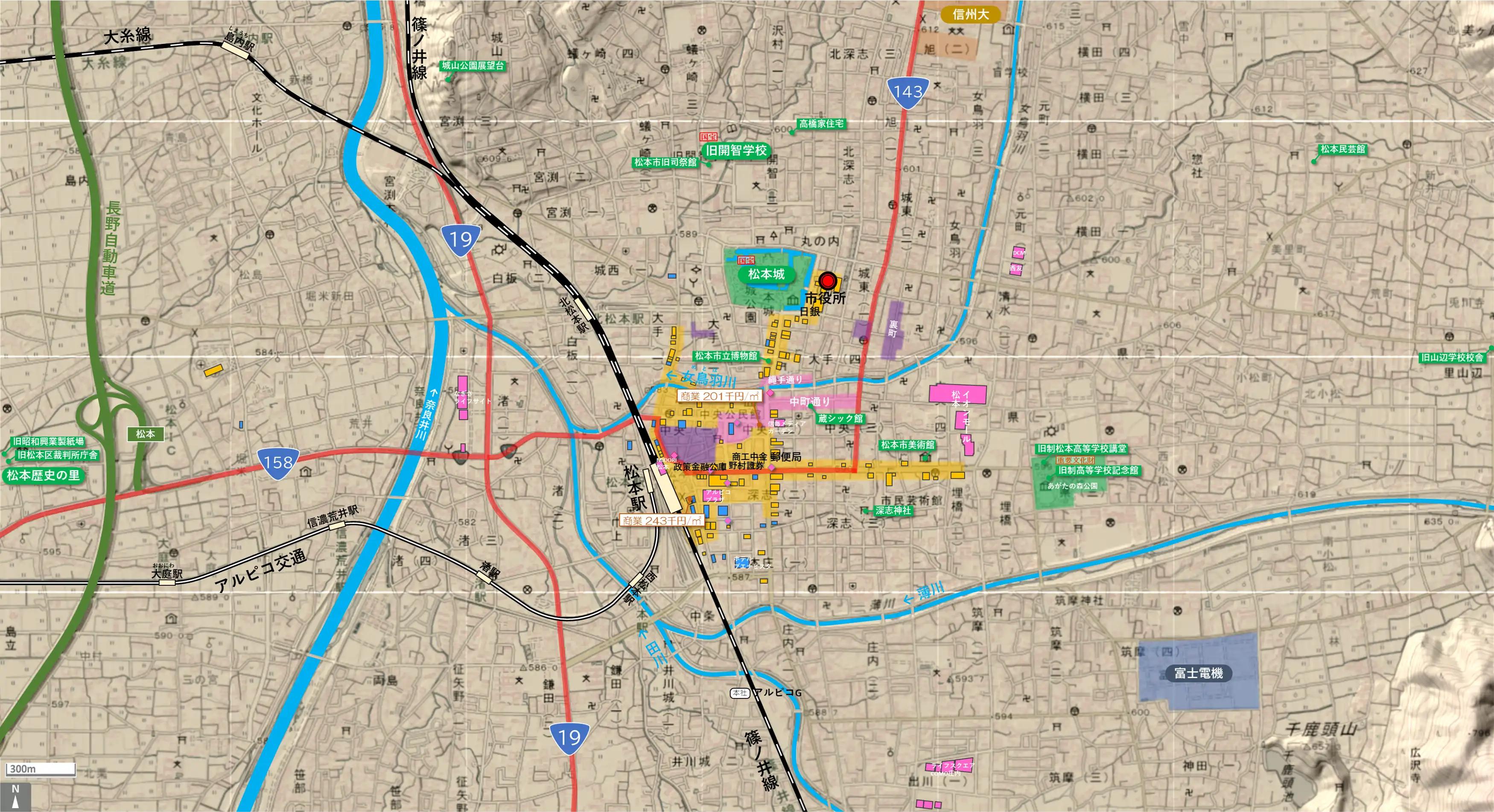 松本のカタチ図 繁華街・ビジネス地区などを要約した地図