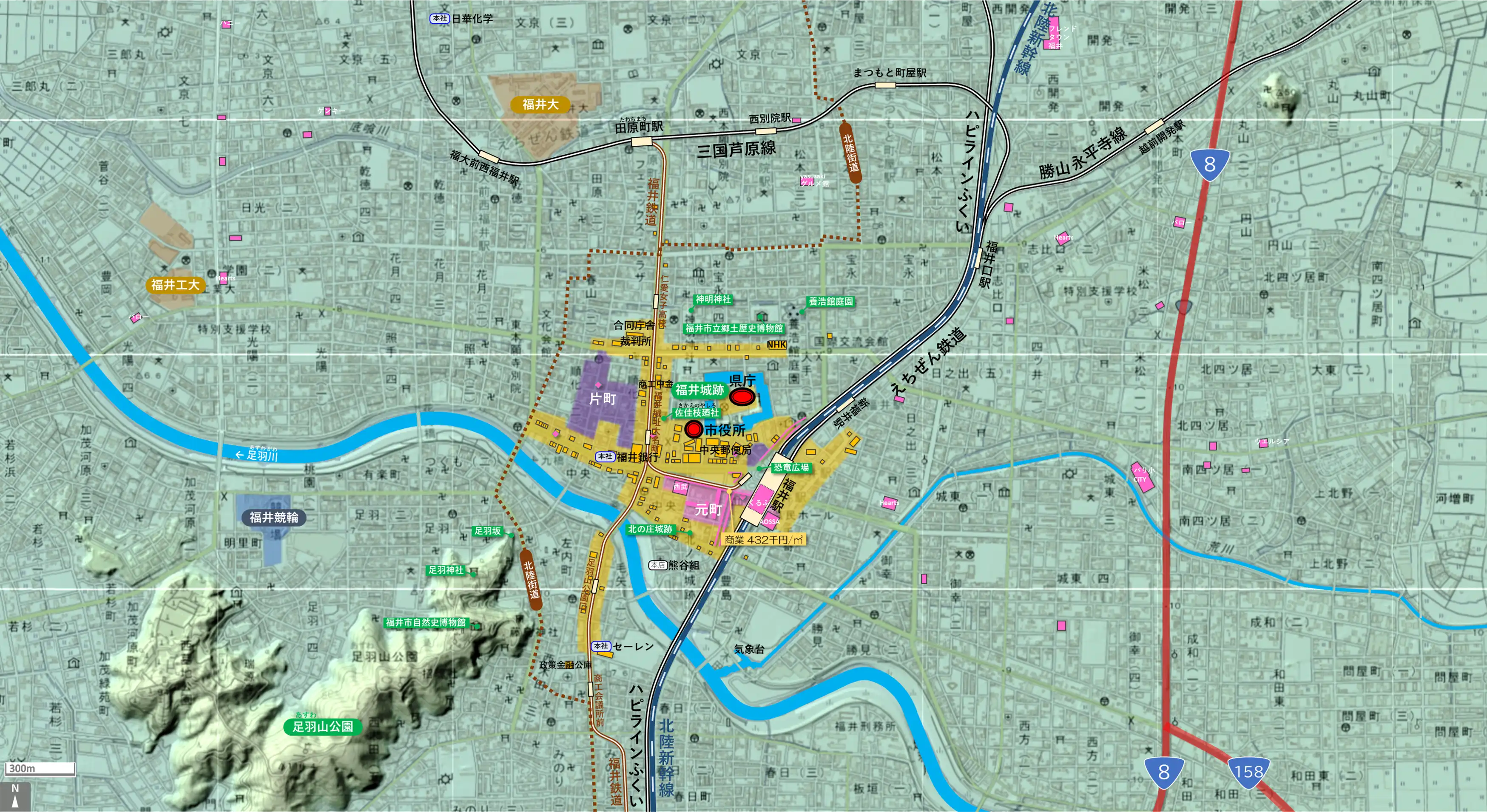 福井のカタチ図 繁華街・ビジネス地区などを要約した地図