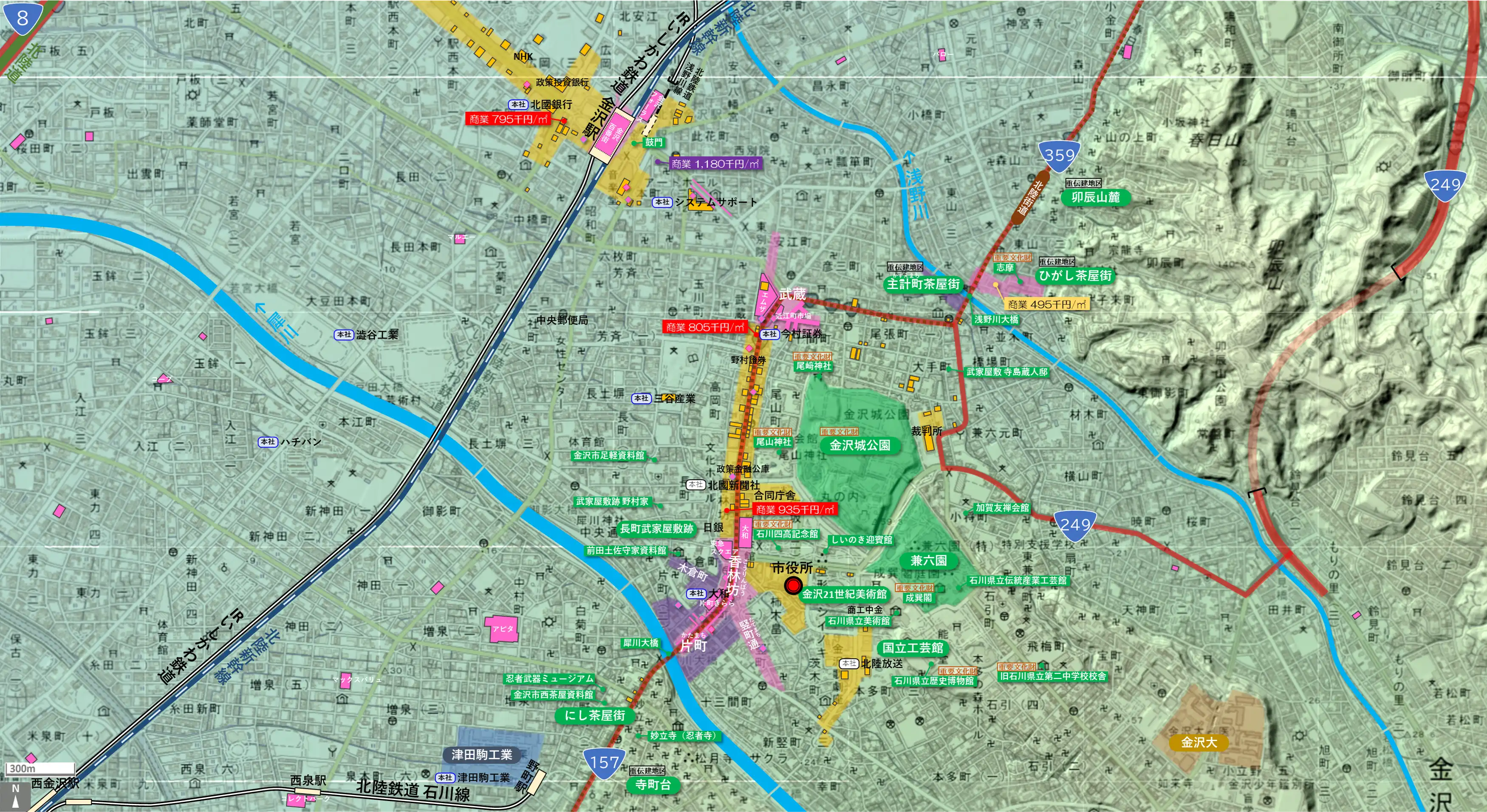 金沢のカタチ図 繁華街・ビジネス地区などを要約した地図