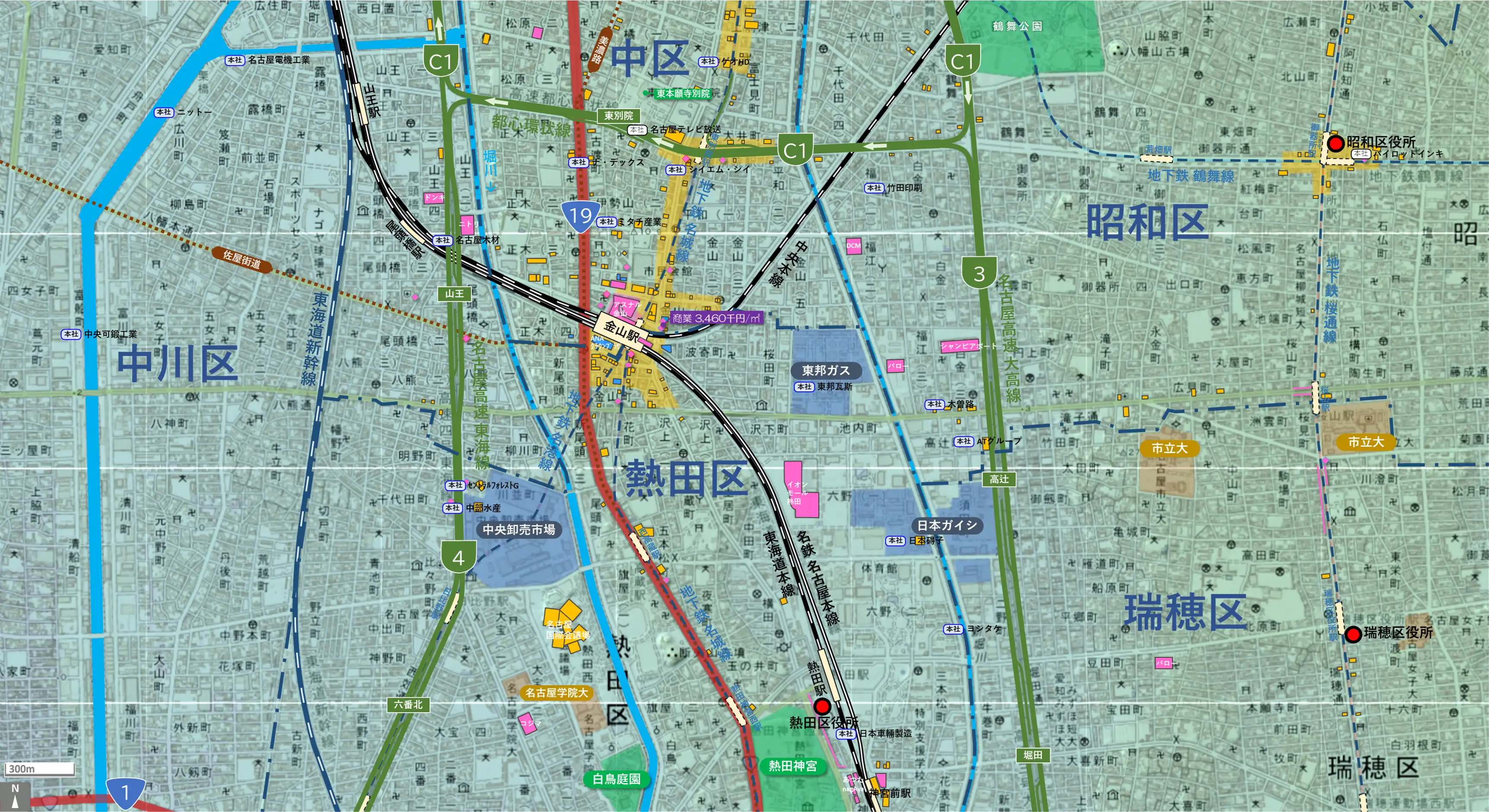名古屋金山のカタチ図 繁華街・ビジネス地区などを要約した地図