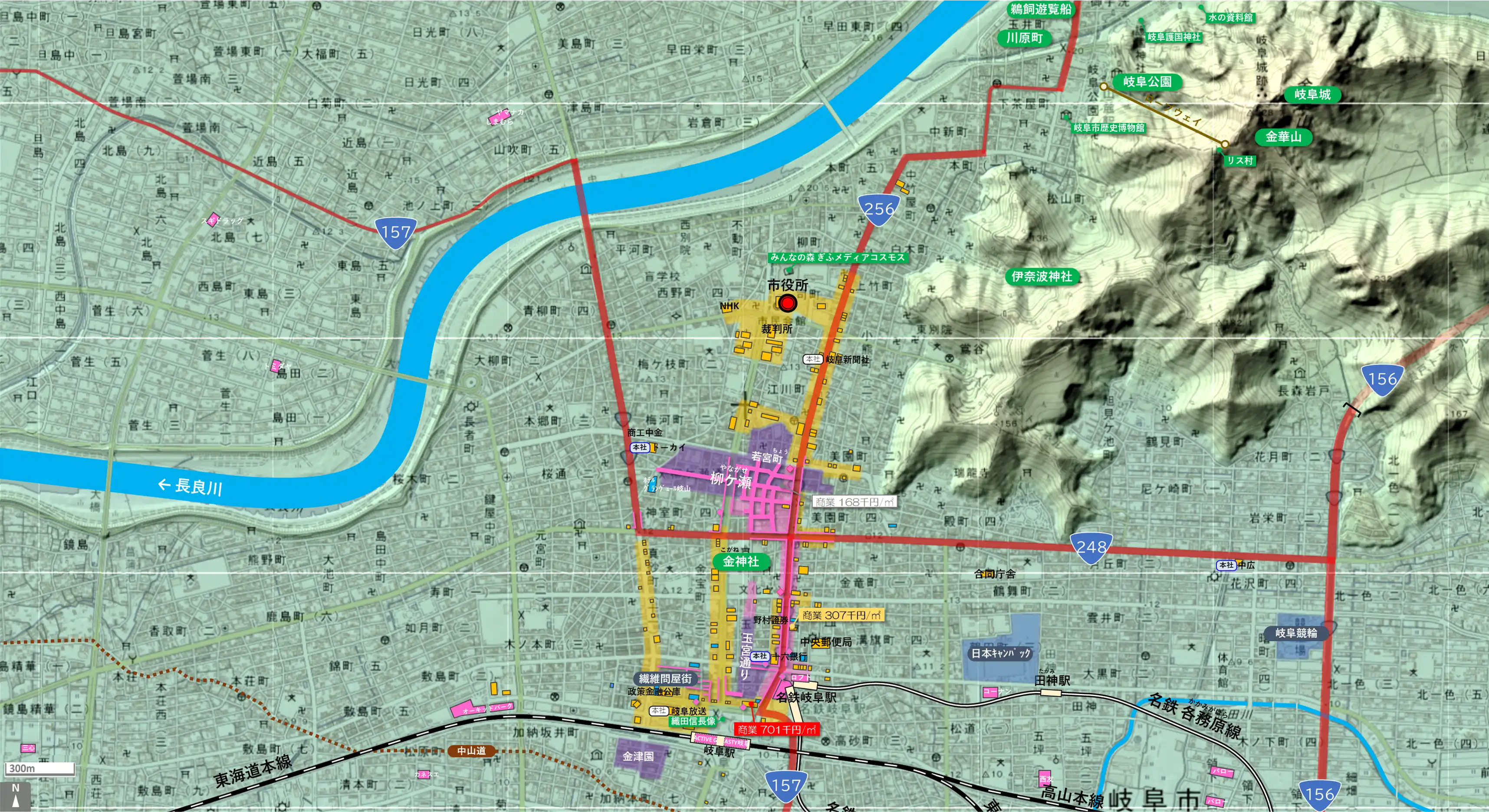 岐阜のカタチ図 繁華街・ビジネス地区などを要約した地図