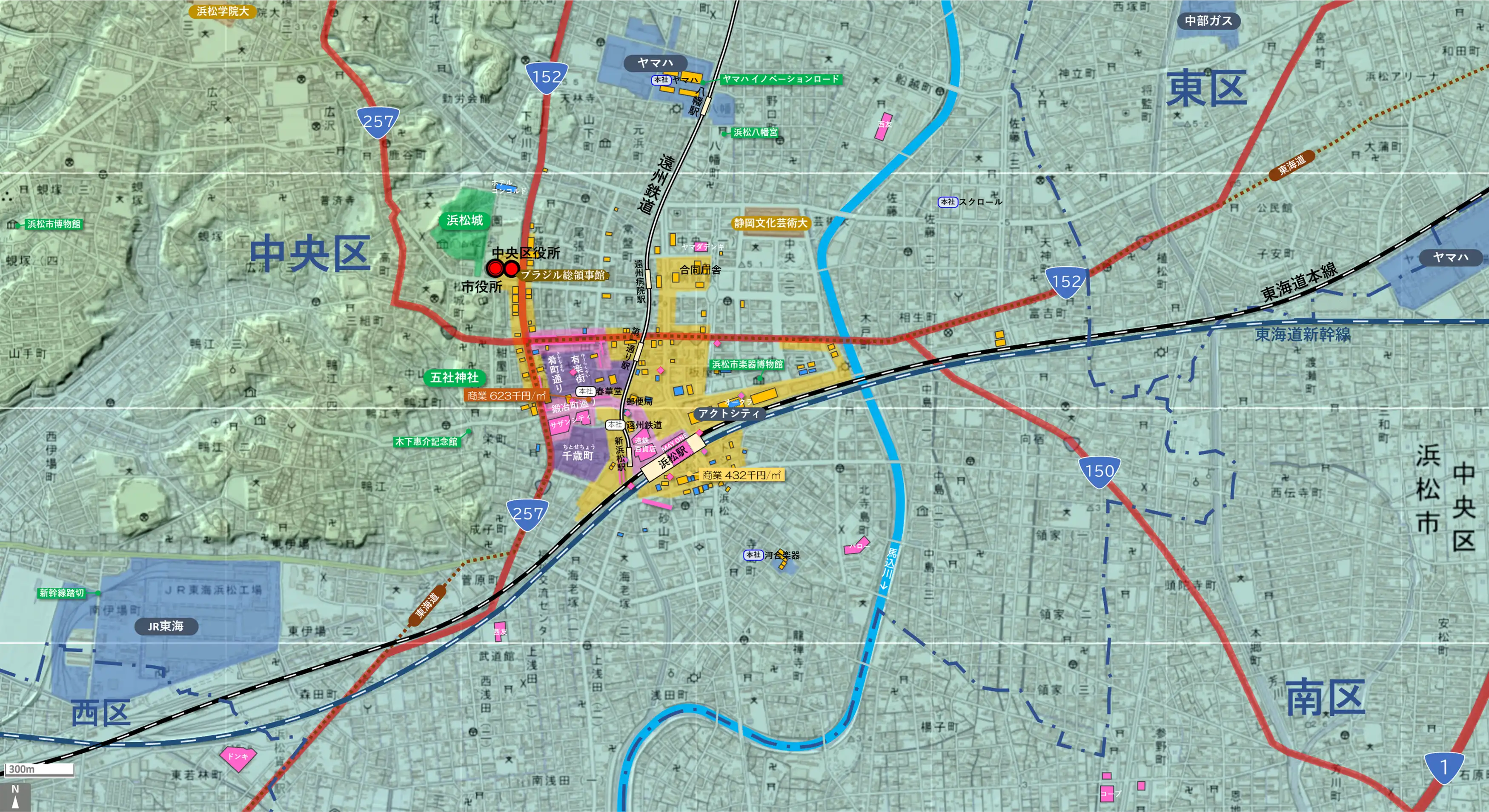 浜松のカタチ図 繁華街・ビジネス地区などを要約した地図