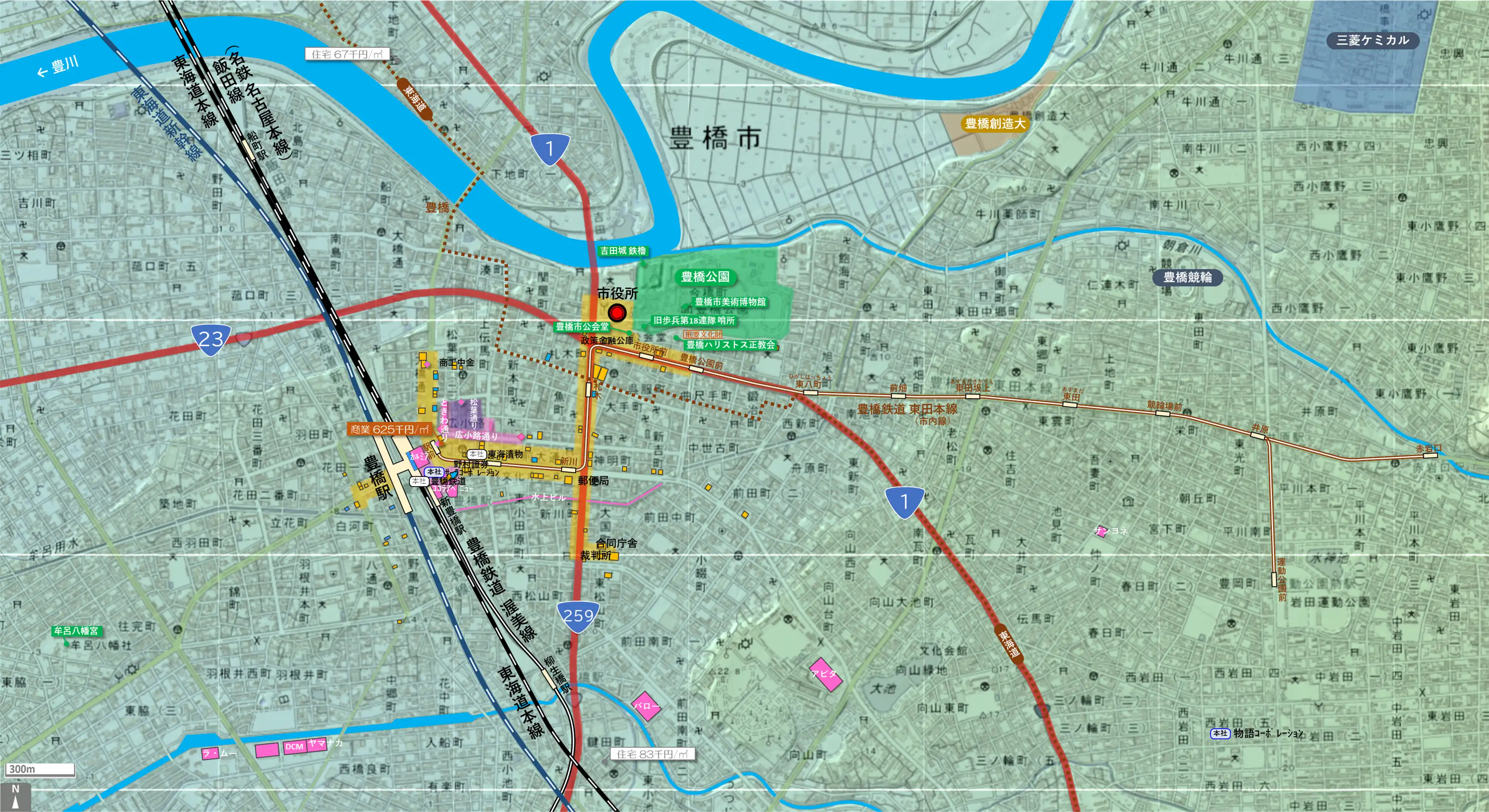 豊橋のカタチ図 繁華街・ビジネス地区などを要約した地図
