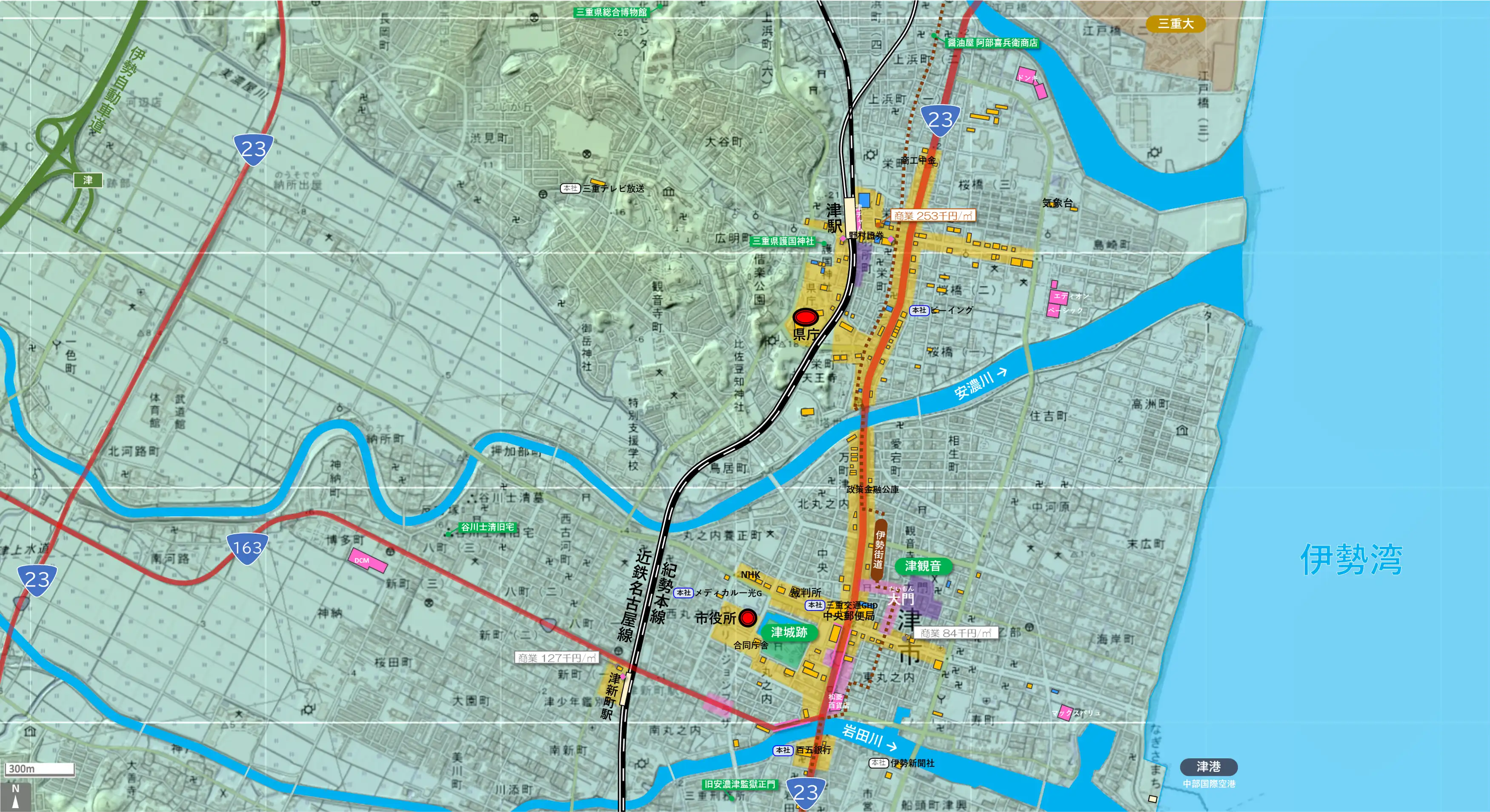 津のカタチ図 繁華街・ビジネス地区などを要約した地図
