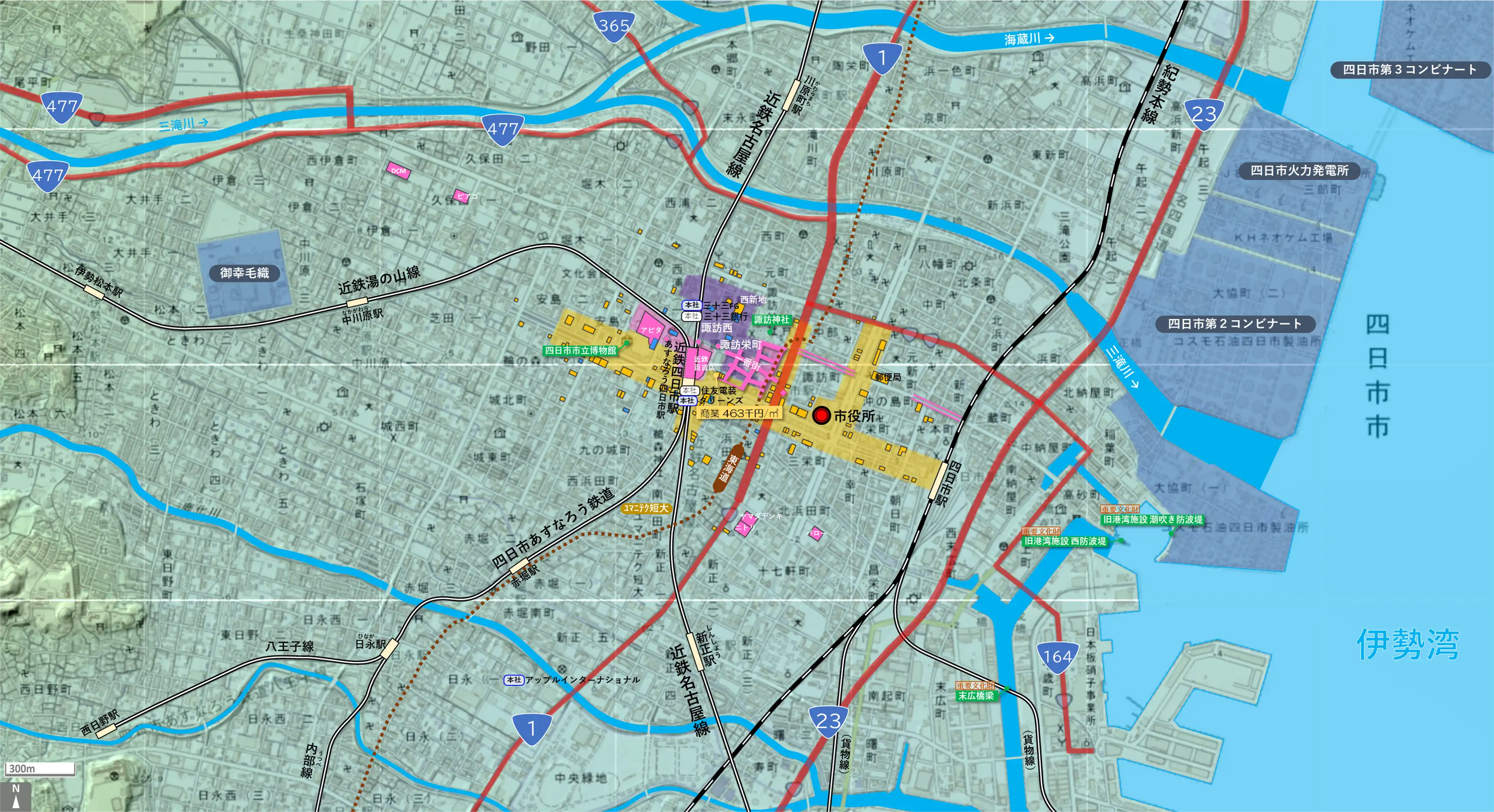 四日市のカタチ図 繁華街・ビジネス地区などを要約した地図