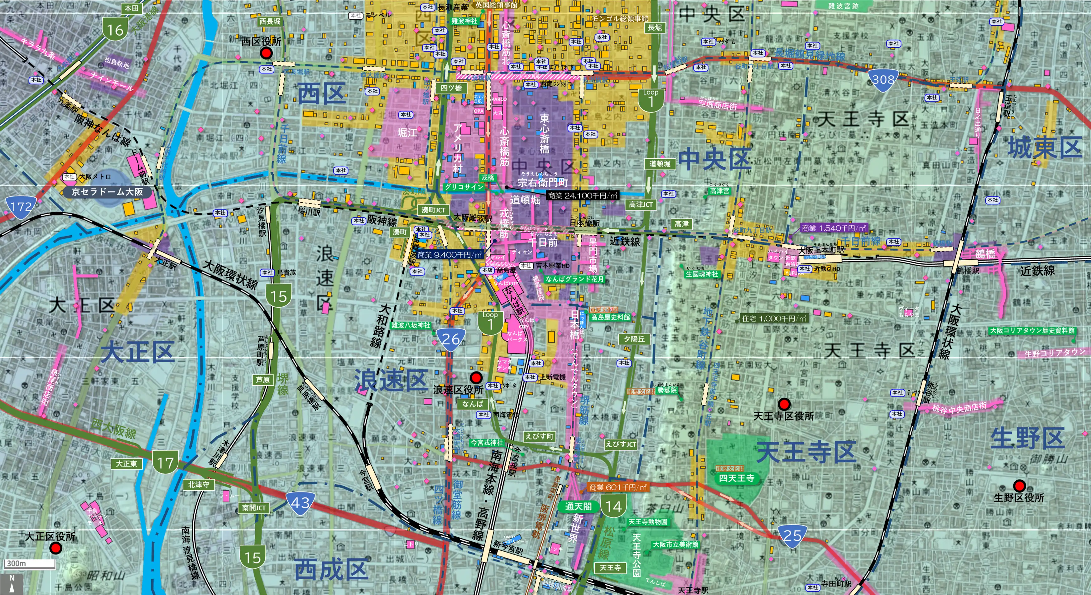 大阪ミナミのカタチ図 繁華街・ビジネス地区などを要約した地図