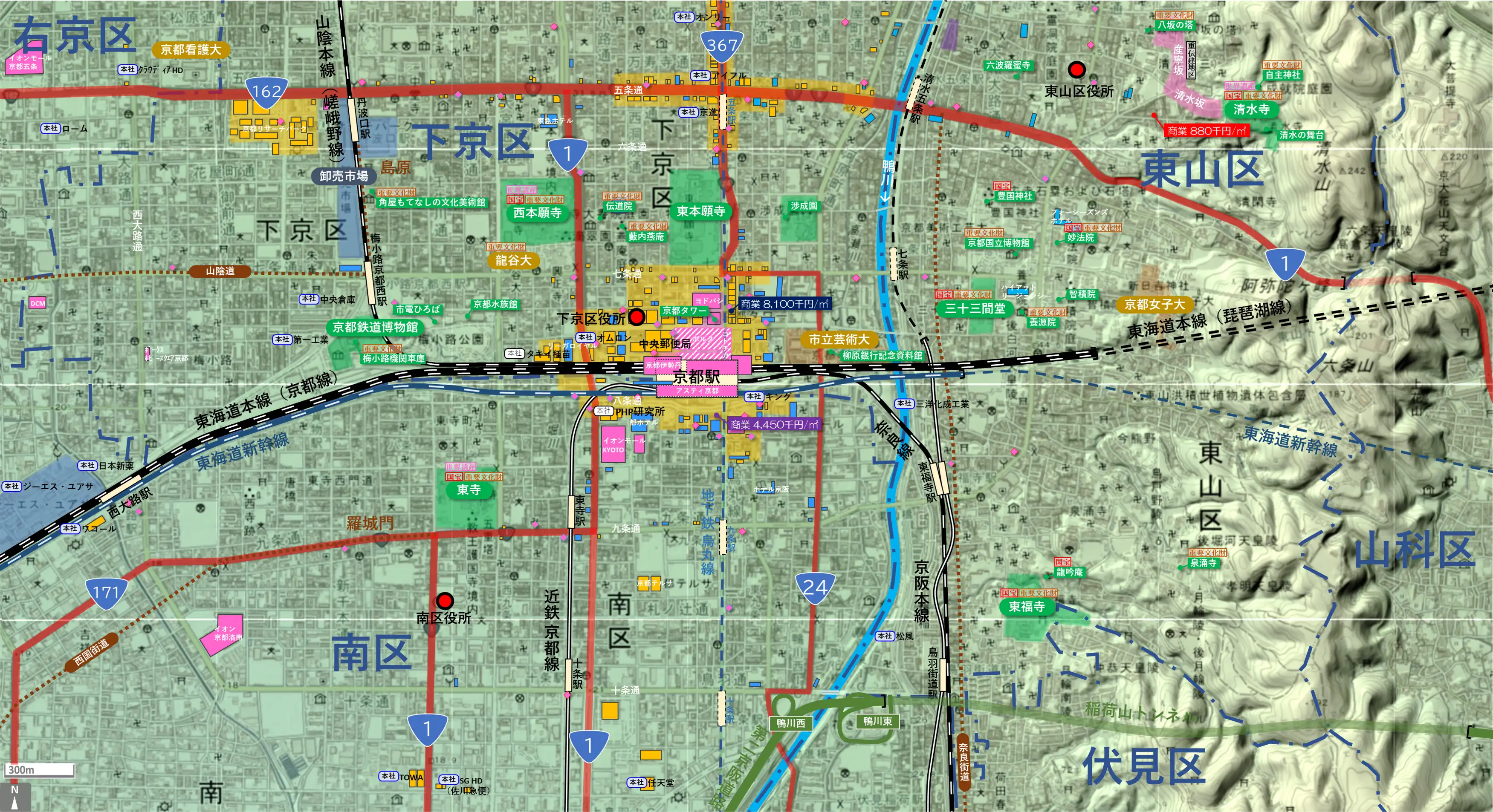 京都駅周辺のカタチ図 繁華街・ビジネス地区などを要約した地図