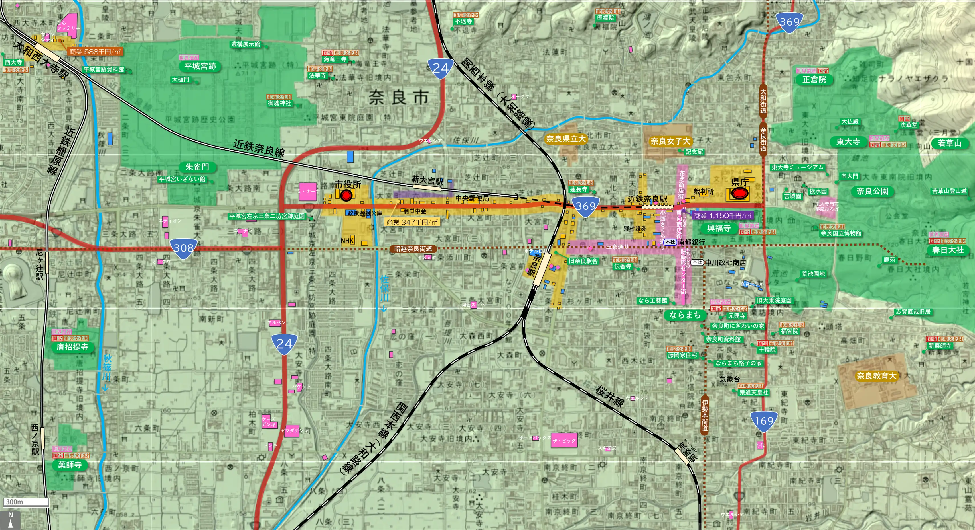 奈良のカタチ図 繁華街・ビジネス地区などを要約した地図