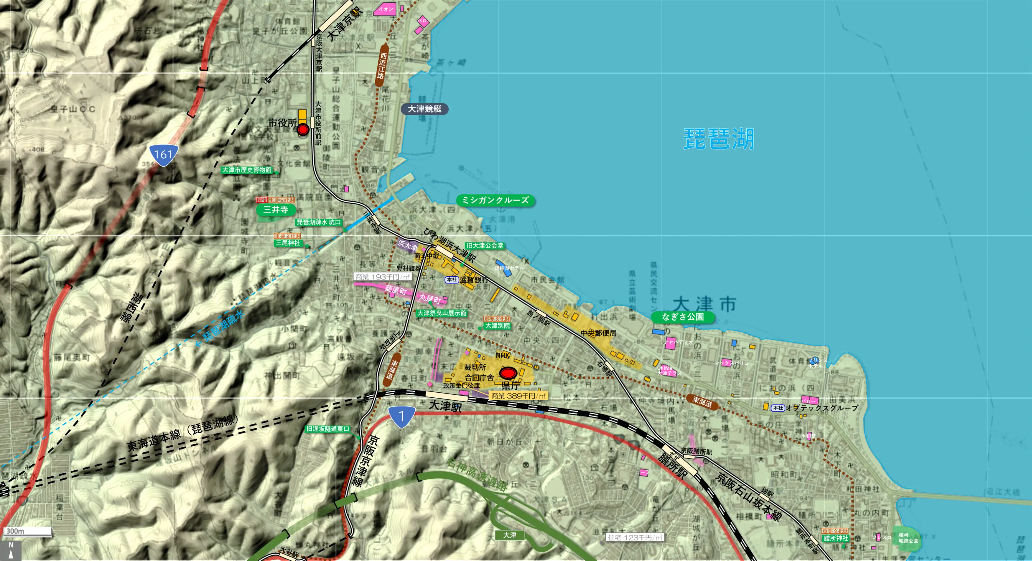 大津のカタチ図 繁華街・ビジネス地区などを要約した地図