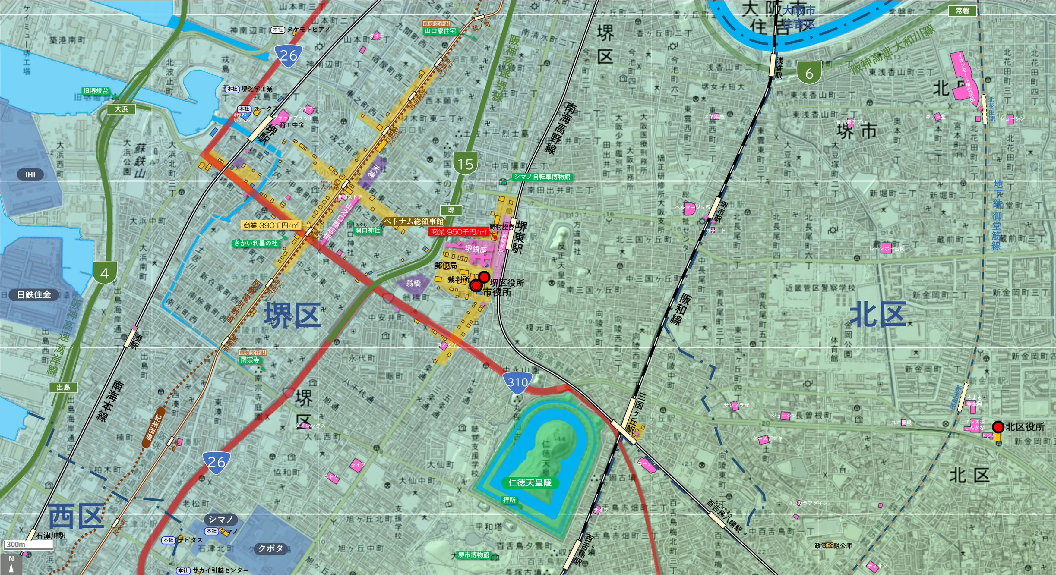 堺中心部のカタチ図 繁華街・ビジネス地区などを要約した地図