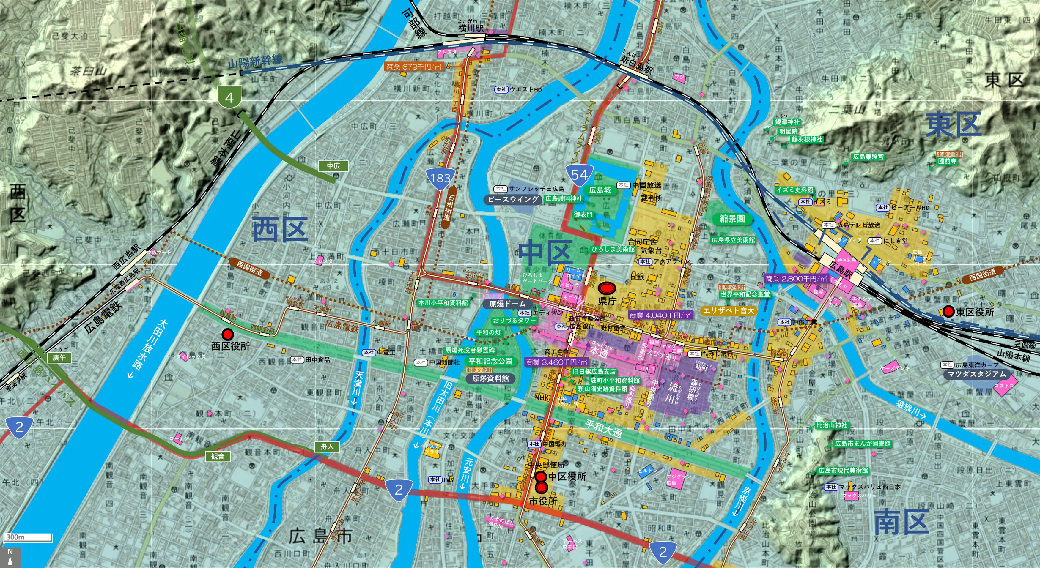 広島中心部のカタチ図 繁華街・ビジネス地区などを要約した地図