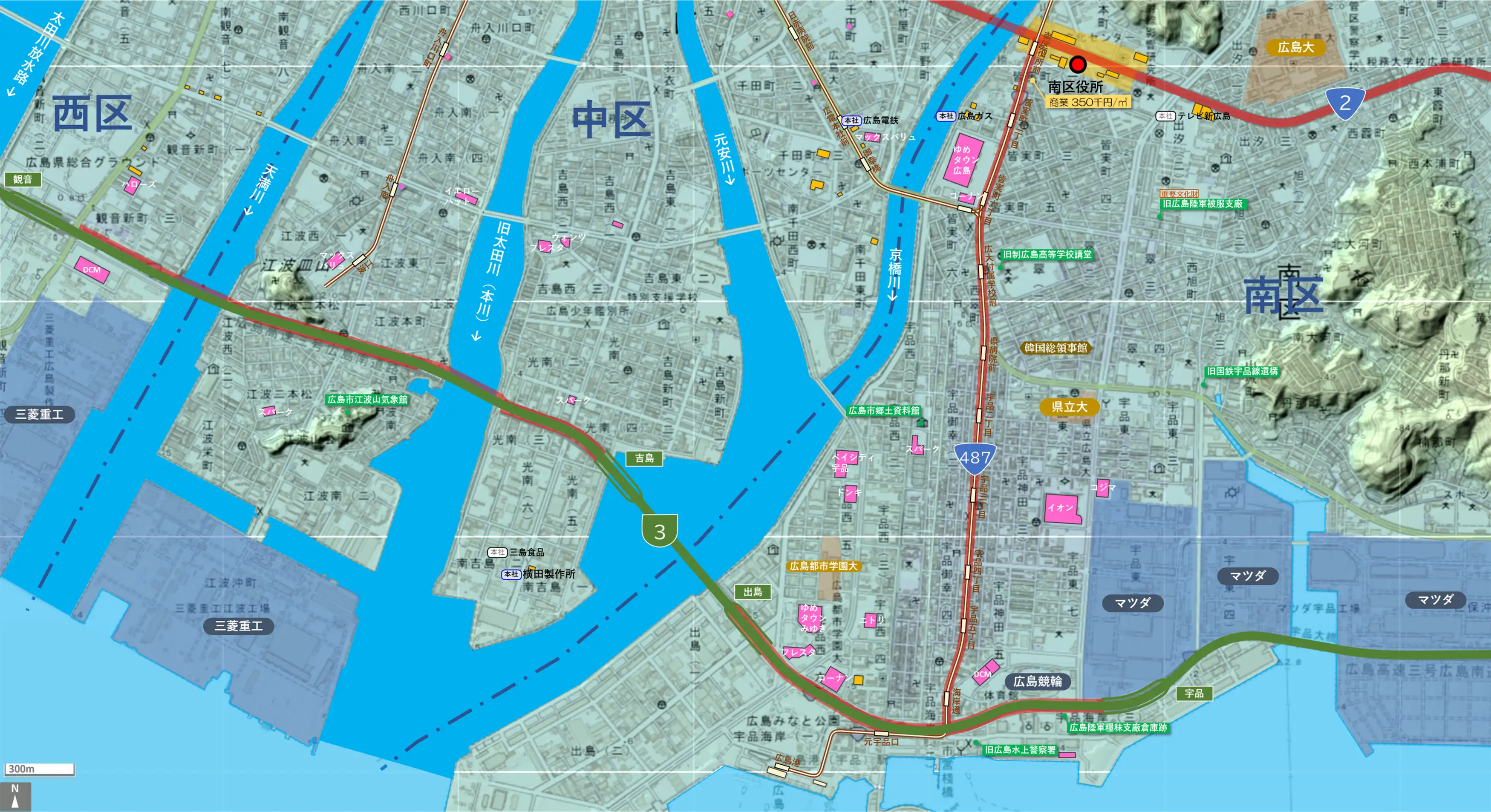 広島宇品のカタチ図 繁華街・ビジネス地区などを要約した地図