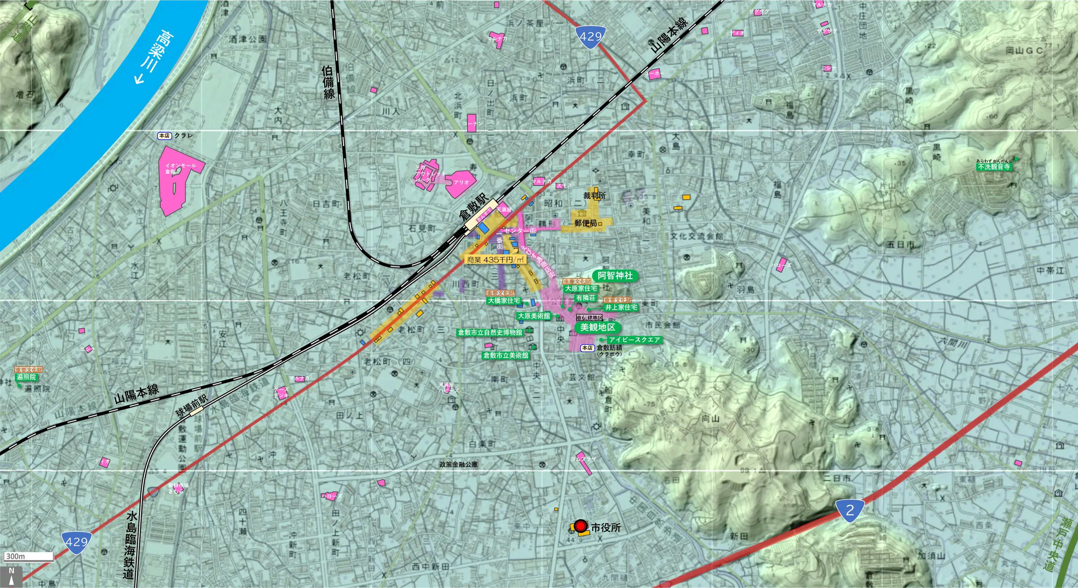 倉敷のカタチ図 繁華街・ビジネス地区などを要約した地図