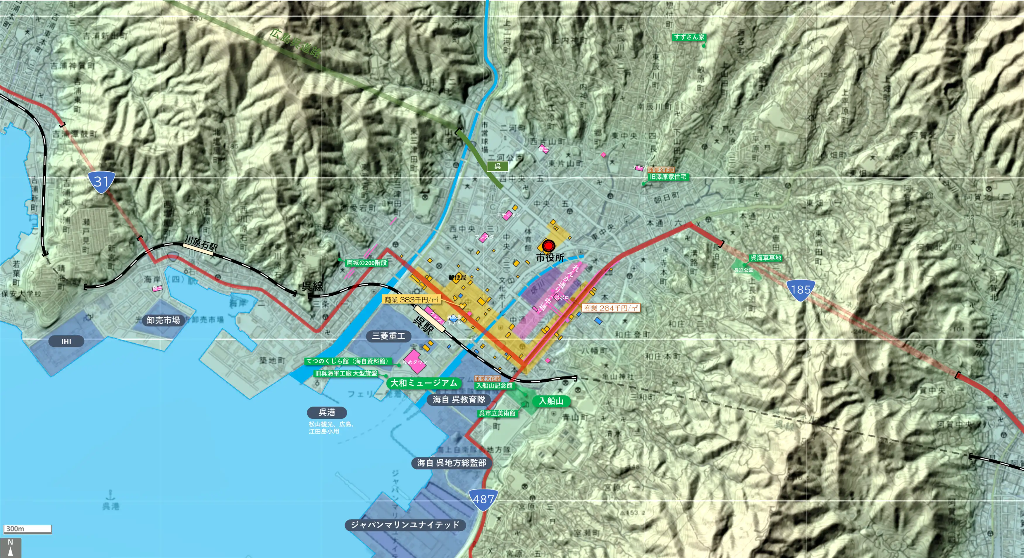 呉のカタチ図 繁華街・ビジネス地区などを要約した地図