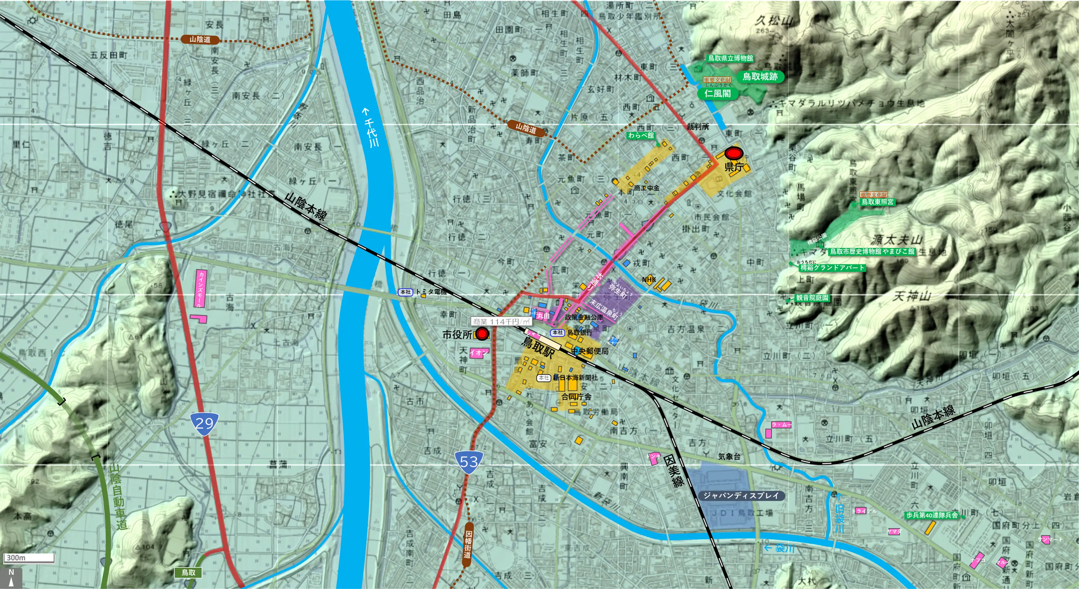 鳥取のカタチ図 繁華街・ビジネス地区などを要約した地図