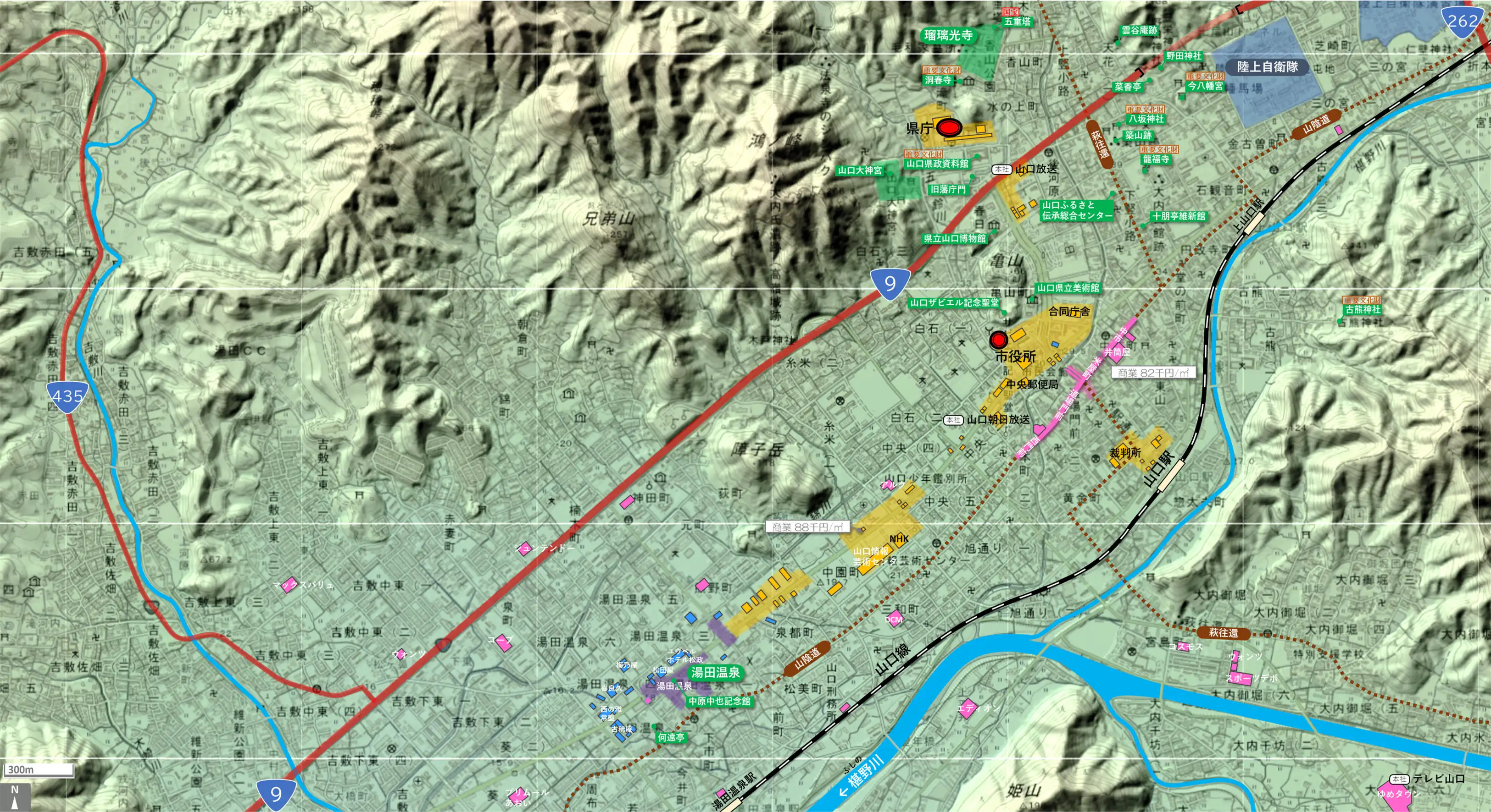 山口中心部のカタチ図 繁華街・ビジネス地区などを要約した地図
