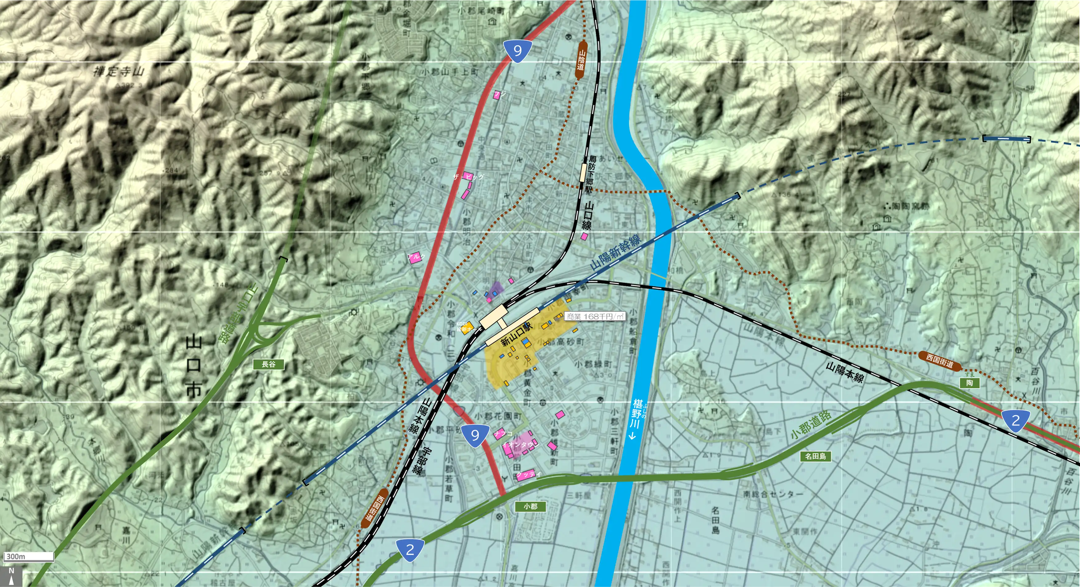 山口小郡のカタチ図 繁華街・ビジネス地区などを要約した地図