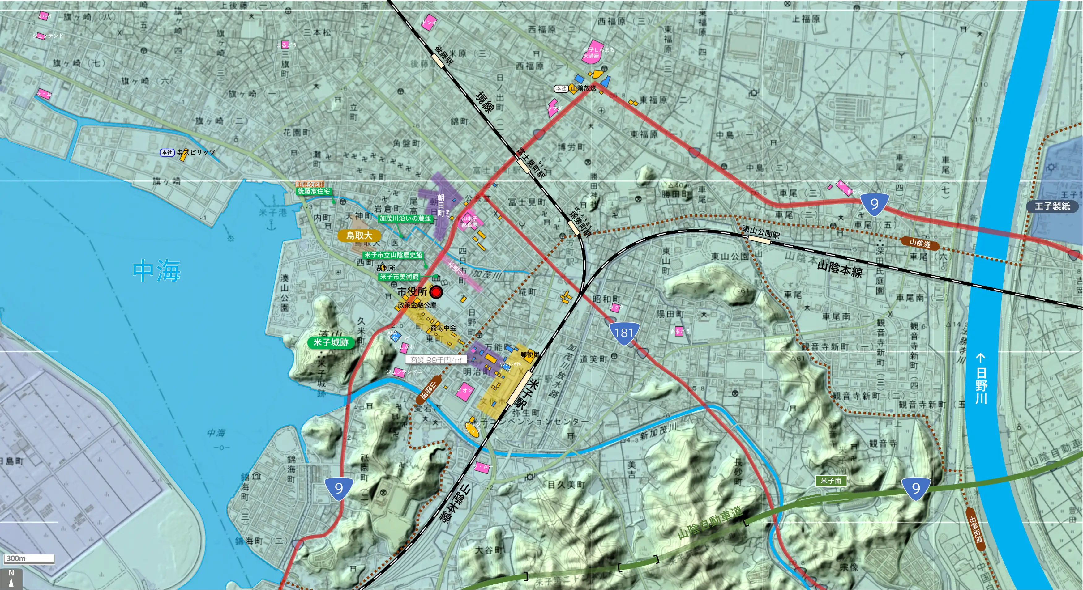 米子のカタチ図 繁華街・ビジネス地区などを要約した地図