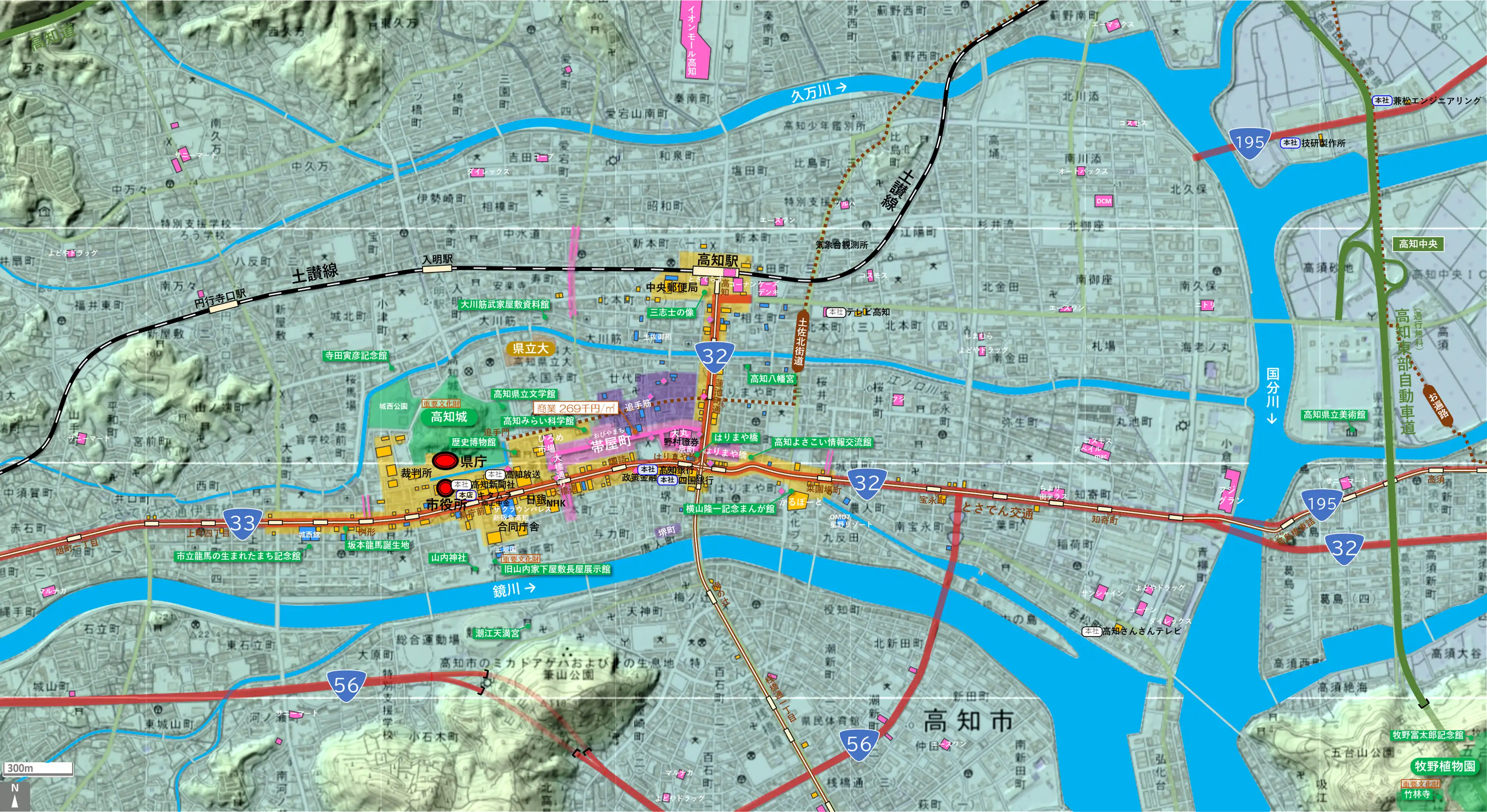高知のカタチ図 繁華街・ビジネス地区などを要約した地図