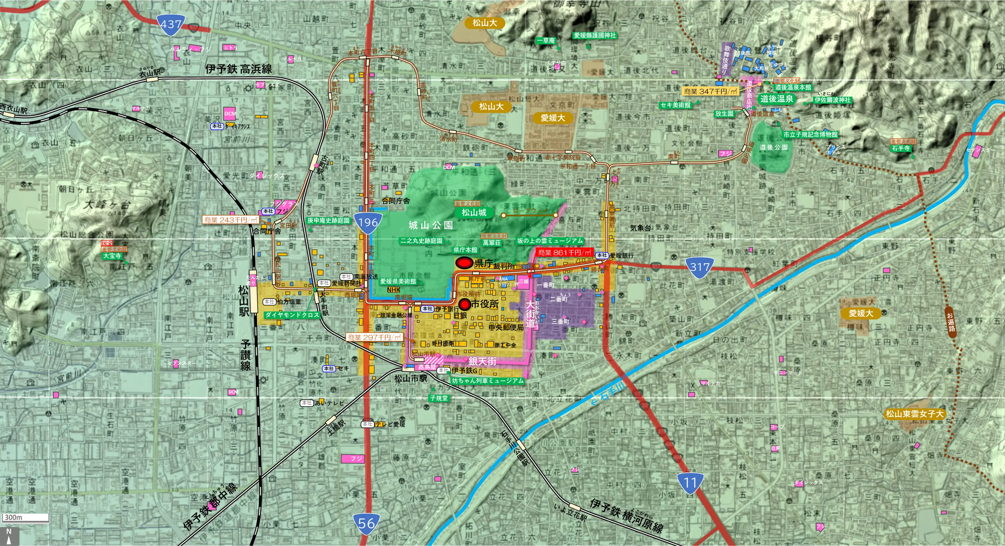 松山のカタチ図 繁華街・ビジネス地区などを要約した地図