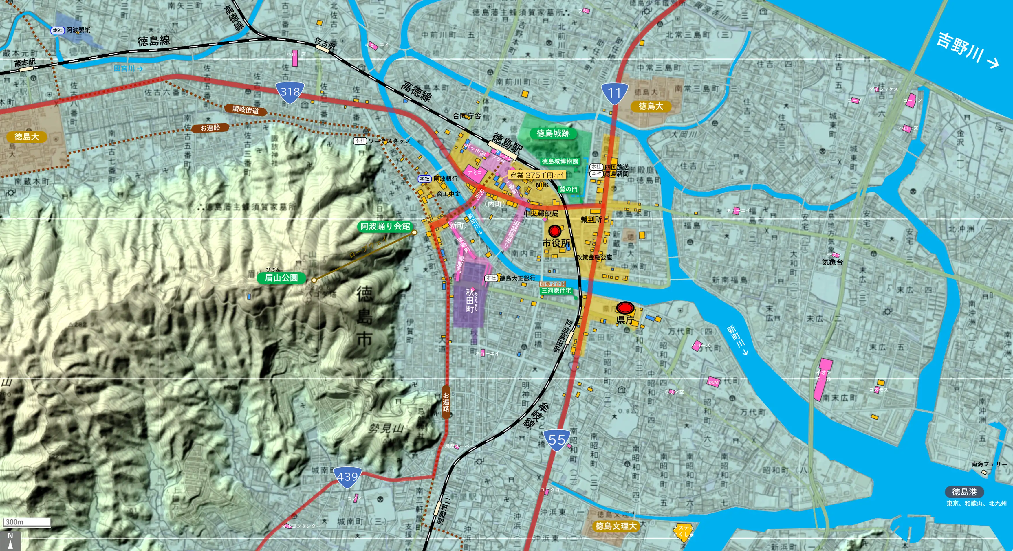 徳島のカタチ図 繁華街・ビジネス地区などを要約した地図