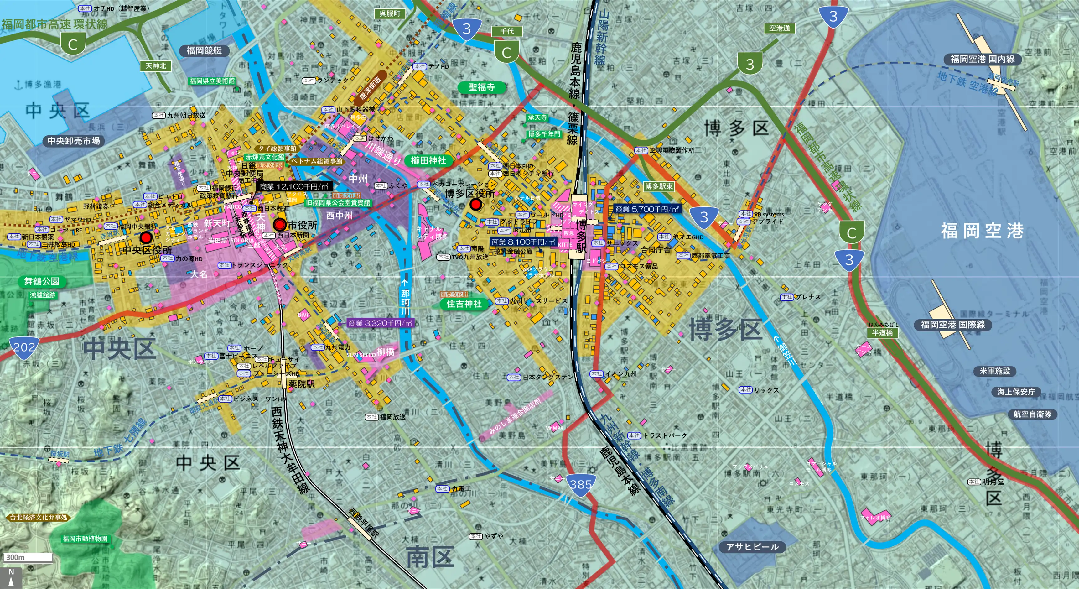 福岡中心部のカタチ図 繁華街・ビジネス地区などを要約した地図