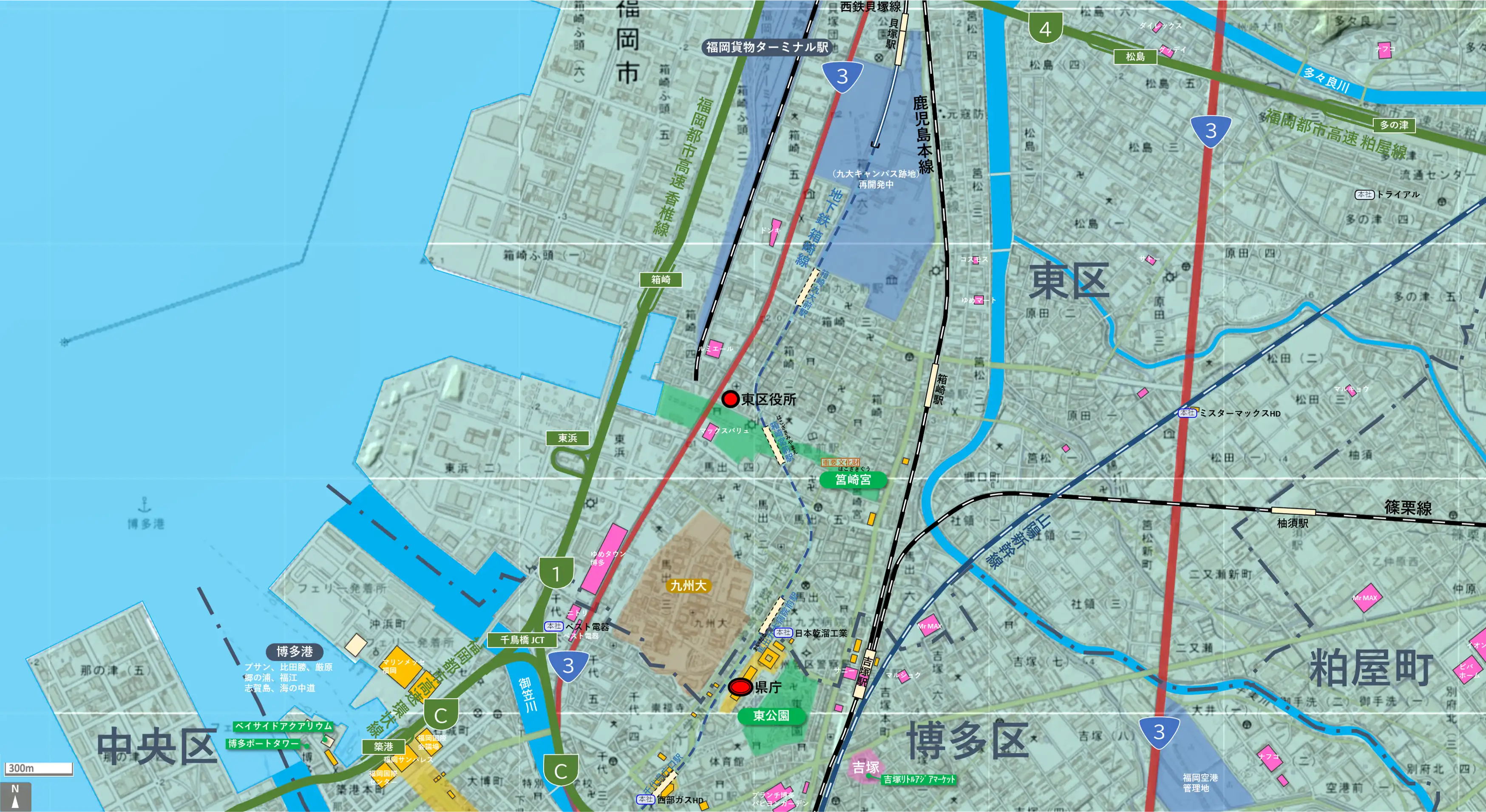 福岡箱崎のカタチ図 繁華街・ビジネス地区などを要約した地図
